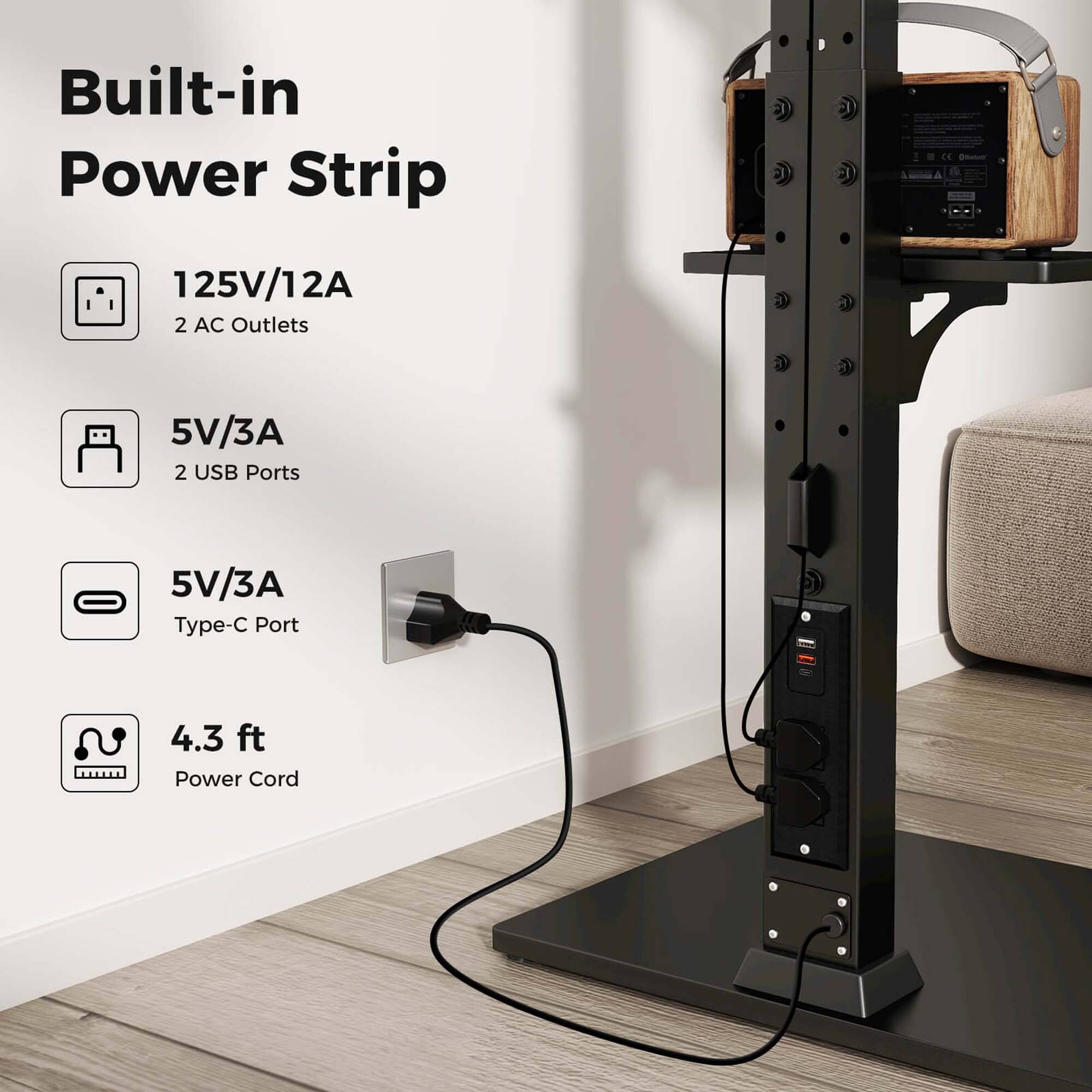 Built-in Power Strip 125V/12A 2 AC Outlets 5V/3A 2 USB Ports 5V/3A Type-C Port 4.3 ft Power Cord