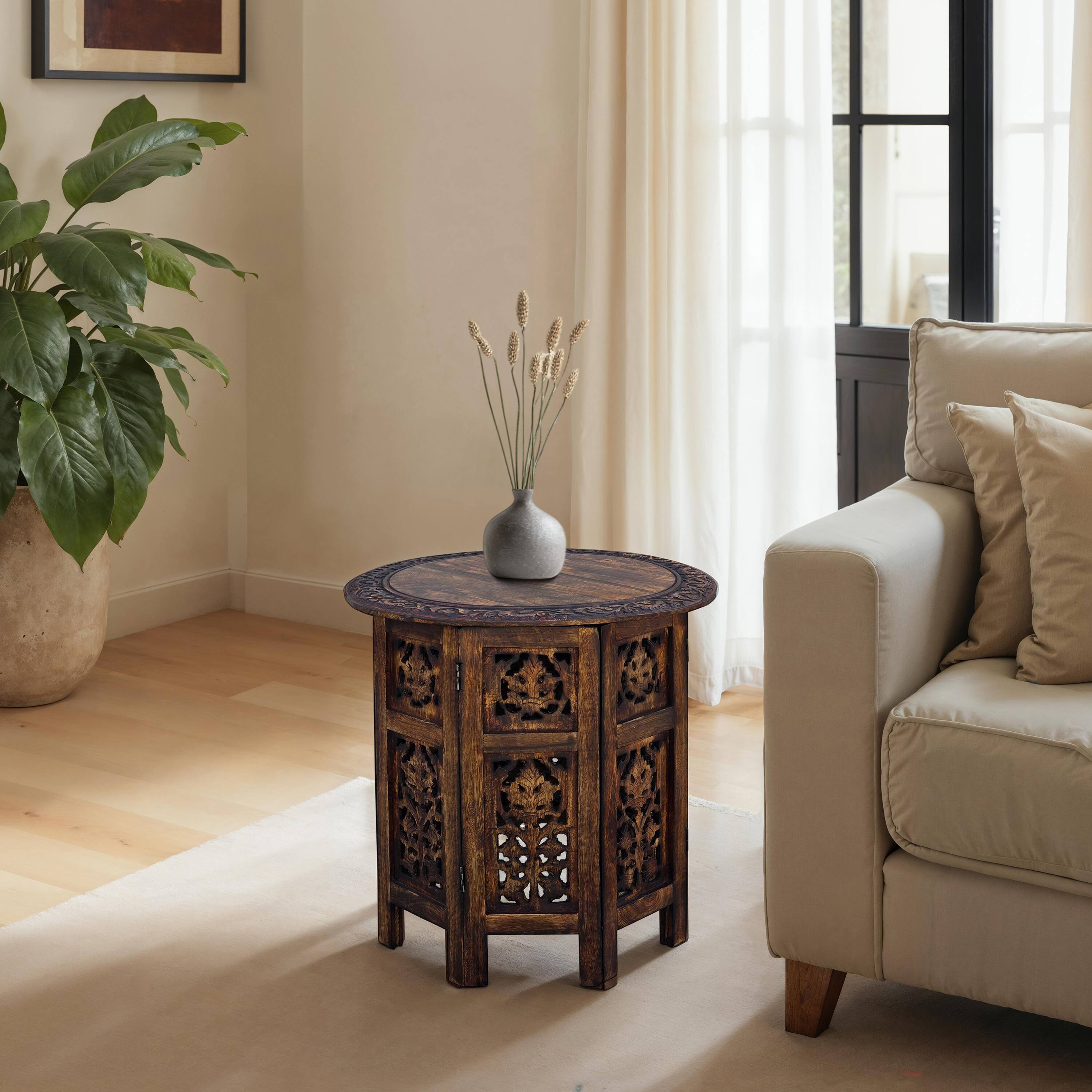 Alt View 8. Manhattan Lane - 18 Inch Mango Wood Folding Accent Table, Hand Carved - Brown.