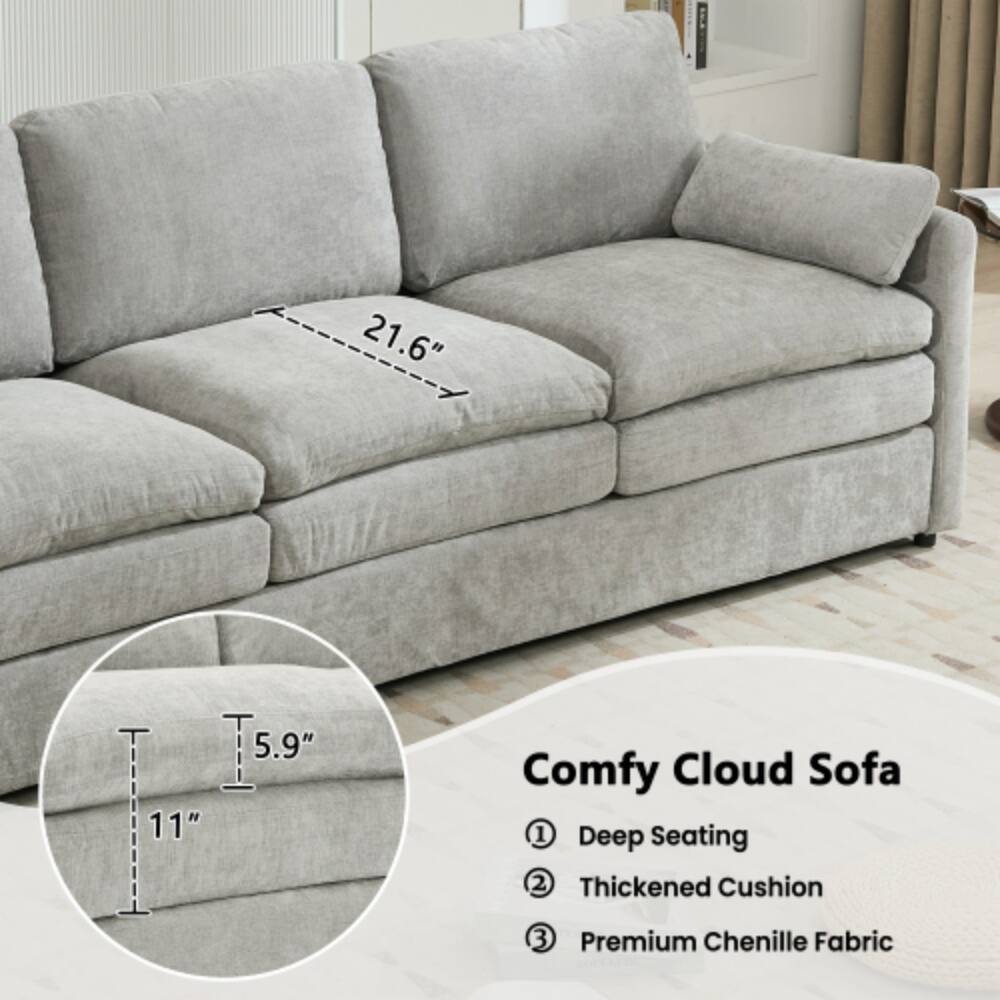 21.6" I 5.9" 11" Comfy Cloud Sofa  
1. Deep Seating  
2. Thickened Cushion  
3. Premium Chenille Fabric