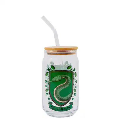 Front. Silver Buffalo - Harry Potter Slytherin House Mascot Glass Tumbler With Bamboo Lid and Straw - Green.