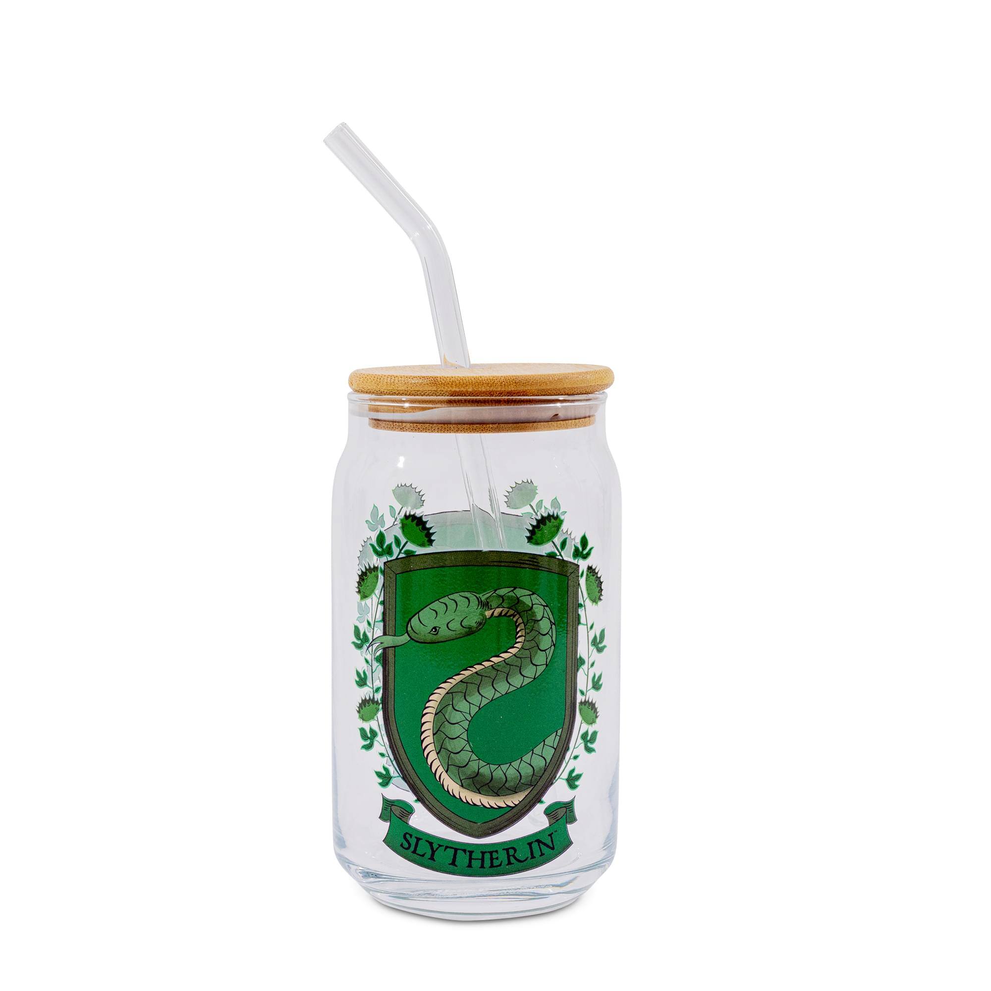 Front. Silver Buffalo - Harry Potter Slytherin House Mascot Glass Tumbler With Bamboo Lid and Straw - Green.