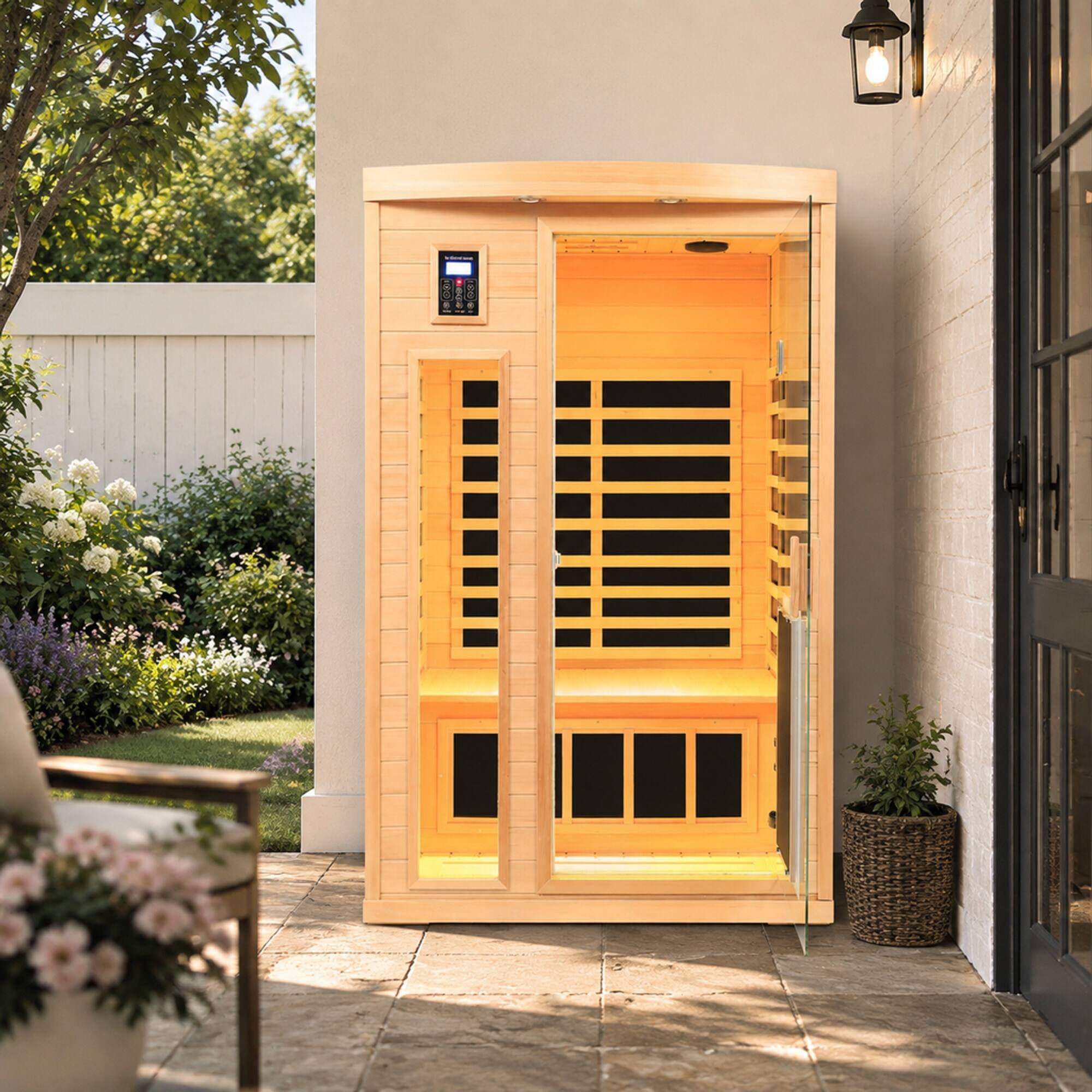Alt View 2. RYHNUYNE - Far-Infrared 2-Person Indoor Sauna, Hemlock Wood, 8 Heating Panels, 1750W, Low EMF, Bluetooth Audio, 47.2 in Wide - Natural Wood.