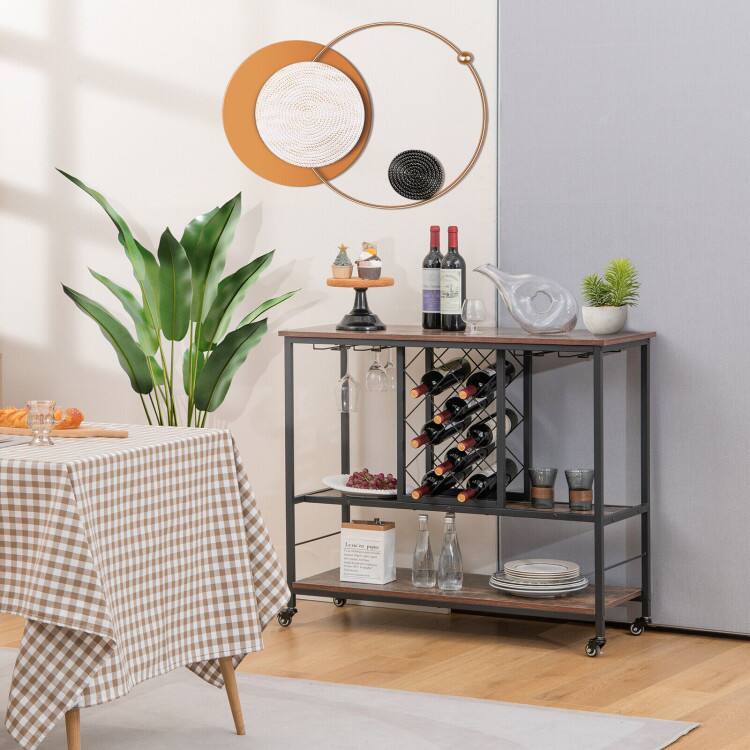 Left. SlickBlue - Wine Bar Cabinet 3-Tier Design with Rack for 8 Bottles and 12 Glass Hangers - Rustic Brown, Black.