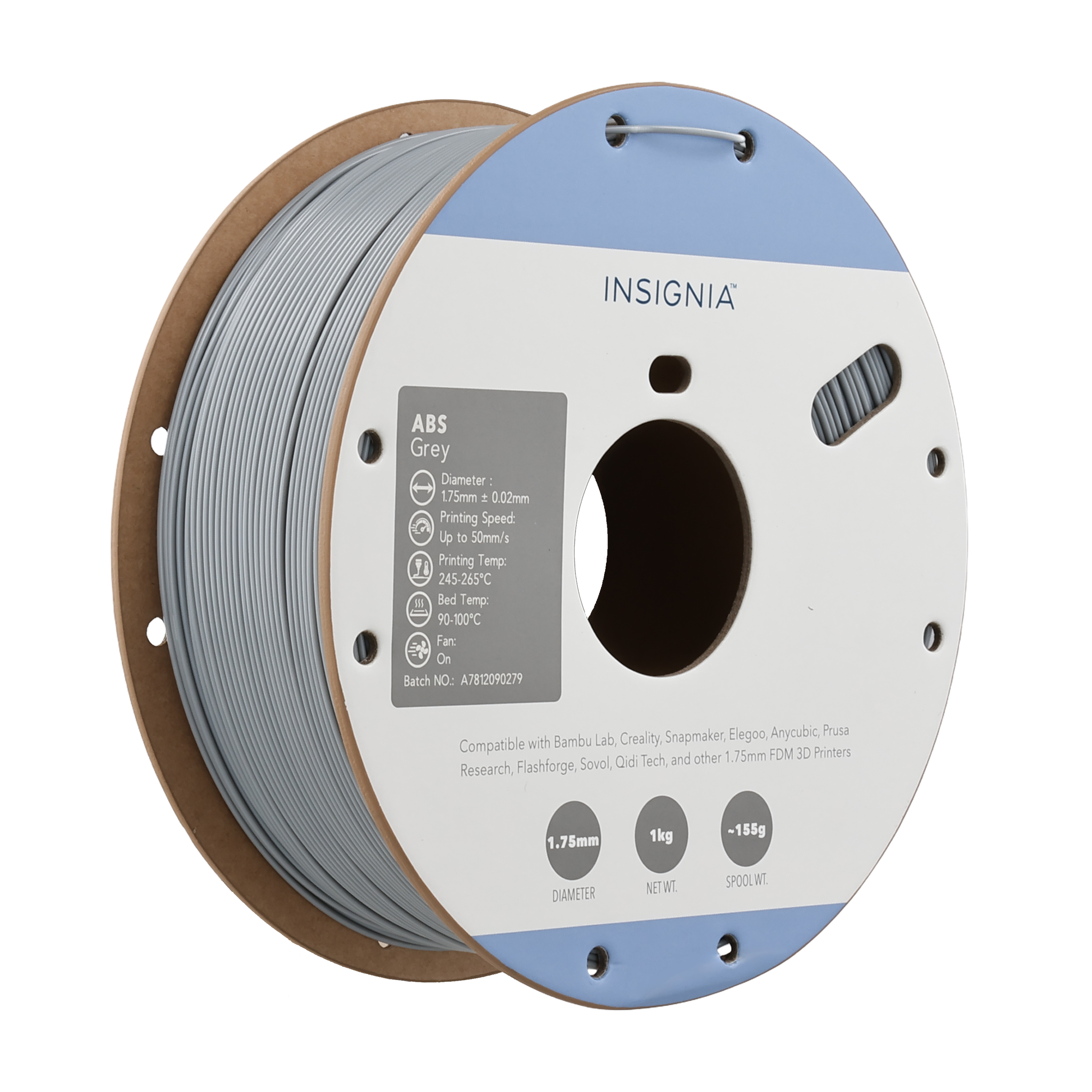 INSIGNIA ABS Grey  
Diameter: 1.75mm ± 0.02mm  
Printing Speed: Up to 50mm/s  
Printing Temp: 245-265°C  
Bed Temp: 90-100°C  
Fan: On  
Batch NO: A7812090279  

Compatible with Bambu Lab, Creality, Snapmaker, Elegoo, Anycubic, Prusa, Research, Flashforge, Sovol, Qidi Tech, and other 1.75mm FDM 3D Printers  

1.75mm  
1kg - 155g  
DIAMETER  
NET WT.  
SPOOL WT.