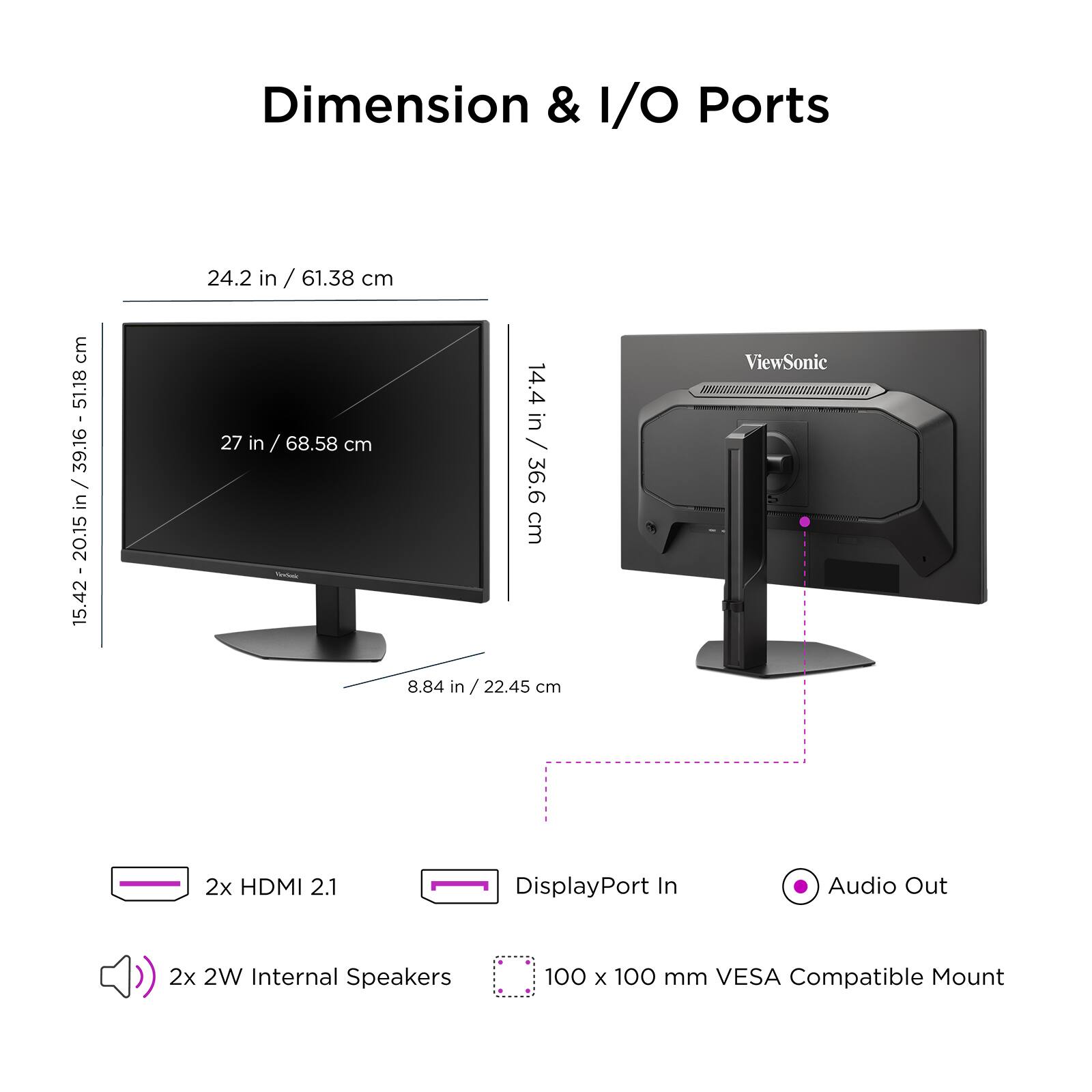 Dimension & I/O Ports

- 24.2 in / 61.38 cm
- 27 in / 68.58 cm
- 15.42 in / 39.16 cm
- 14.4 in / 36.6 cm
- 8.84 in / 22.45 cm

ViewSonic
- 2x HDMI 2.1
- DisplayPort In
- Audio Out
- 2x 2W Internal Speakers
- 100 x 100 mm VESA Compatible Mount