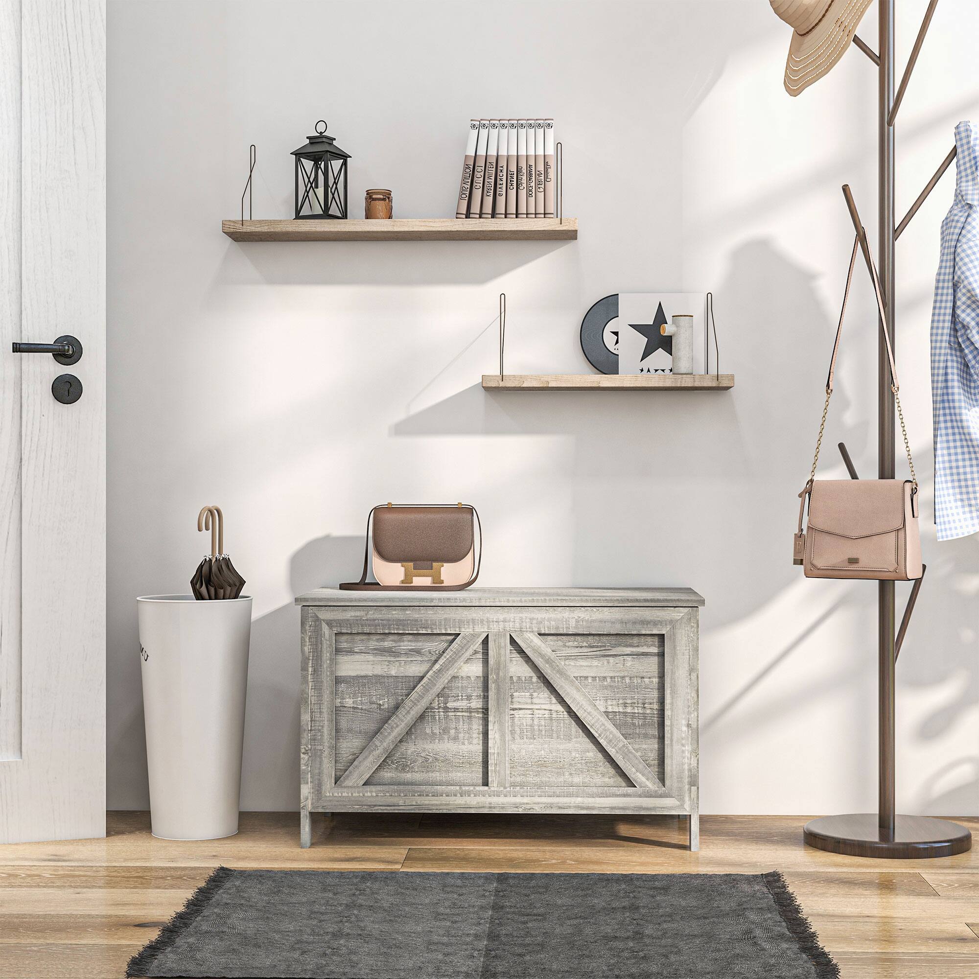 Alt View 7. Homcom - 30" Farmhouse Storage Bench, Lift Top Chest, Safety Hinge, Wooden Trunk, Wood Grain - Gray.