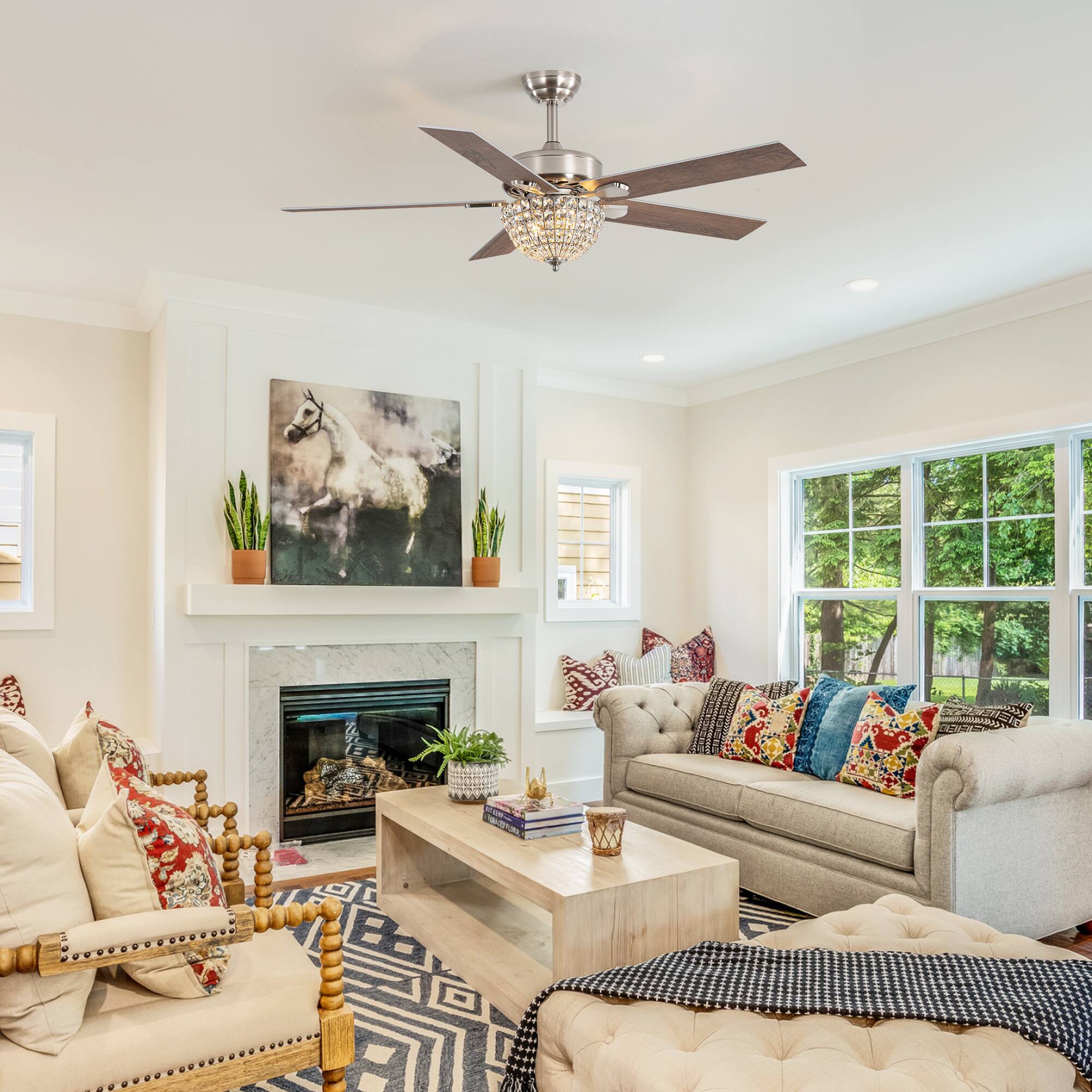 Alt View 2. Breezary - Breezary 52'' Indoor Ceiling Fan with Crystal-Bead Bowl Light, 5 Reversible Blades, Timer, DC Motor, Remote & 6″ Downrod - Satin Nickel.