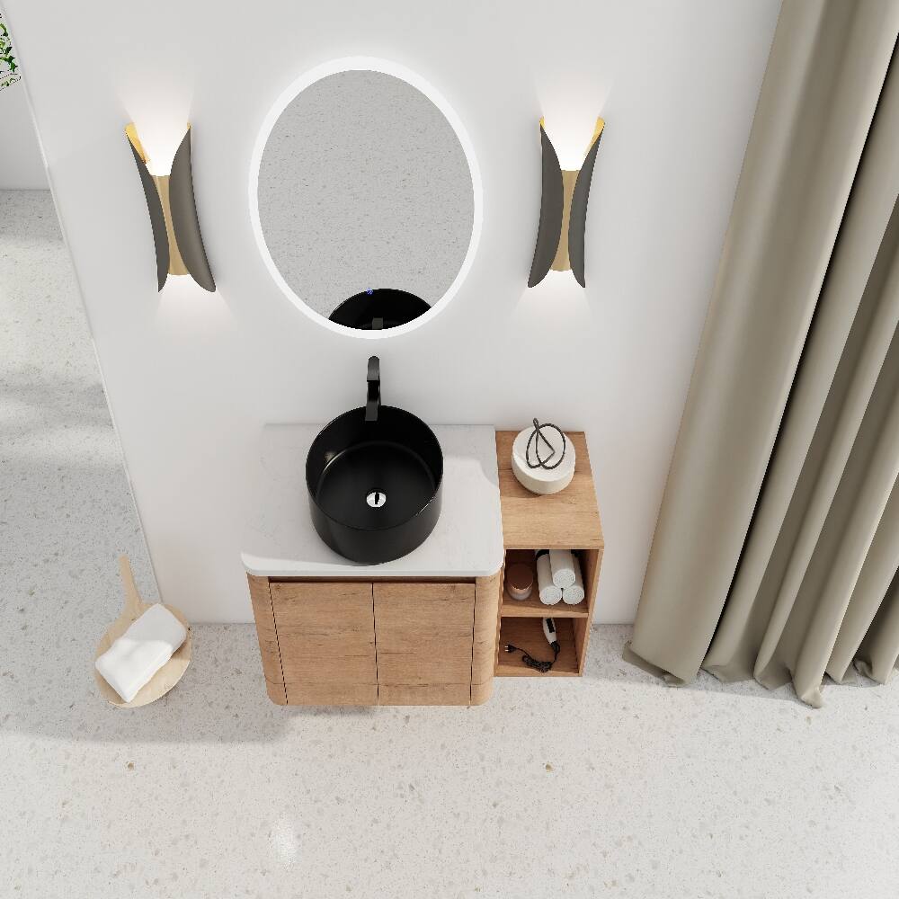 Alt View 4. Loheer - Loheer 42 inch wall mounted bathroom vanity with ceramic art vessel sink, imitative oak floating vanity - Imitative Oak.
