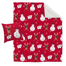 Pegasus - Wisconsin Badgers Holiday Reindeer Blanket and Pillow Combo Set - Multicolor