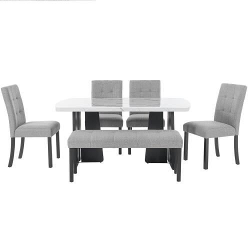 Alt View 5. LUCKY ONE - 6-Piece Faux Marble Dining Set with 63" Rectangular Dining Table, Bench and 4 Upholstered Chairs - Gray,White.