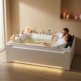 Loheer - 73 x 48 Inch Whirlpool Bathtub for Two with 8 Jets, Chromatherapy, Acrylic Alcove Tub, Left Drain - Milk White