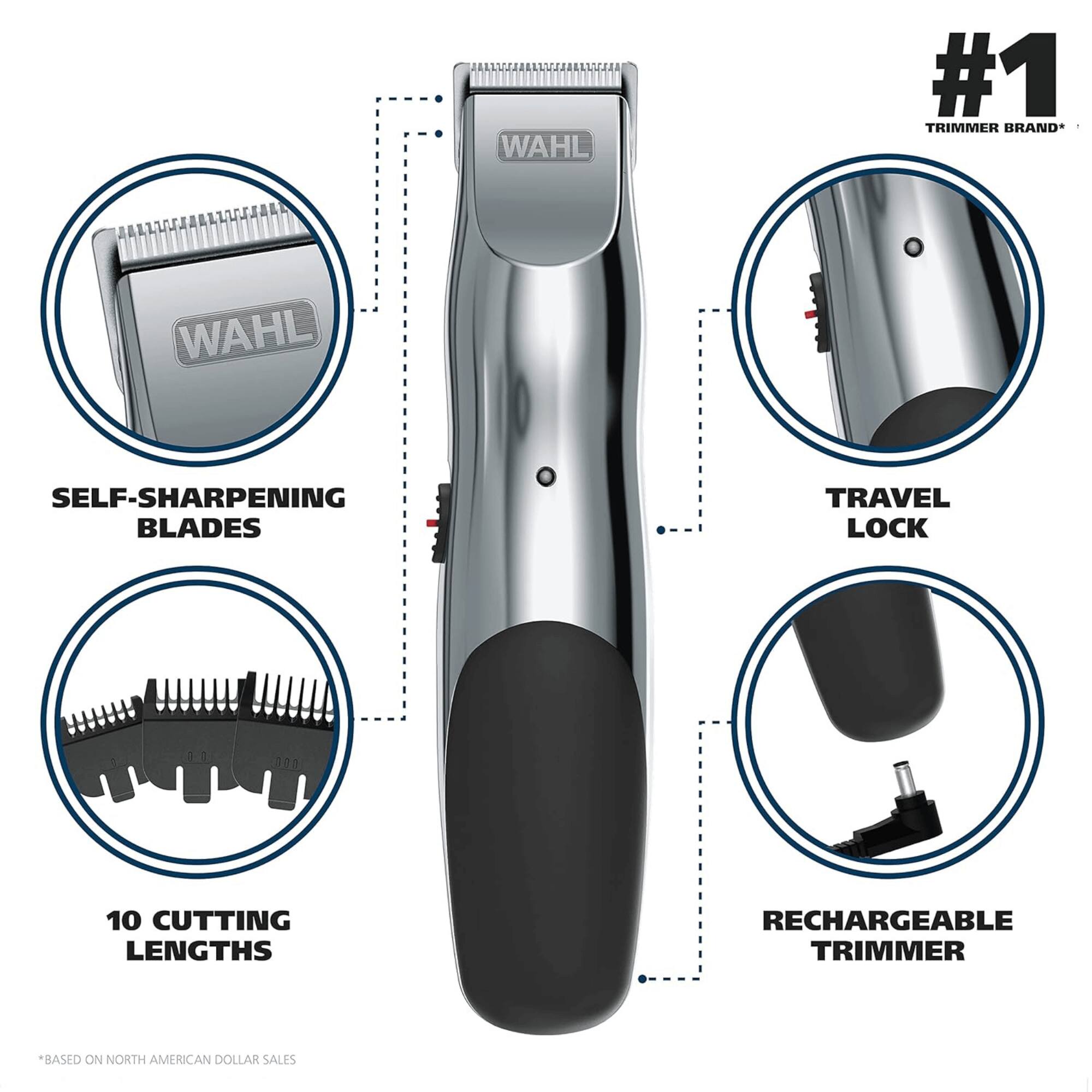 WAHL #1 TRIMMER BRAND, WAHL SELF-SHARPENING BLADES, TRAVEL LOCK, 10 CUTTING LENGTHS, RECHARGEABLE TRIMMER, BASED ON NORTH AMERICAN DOLLAR SALES