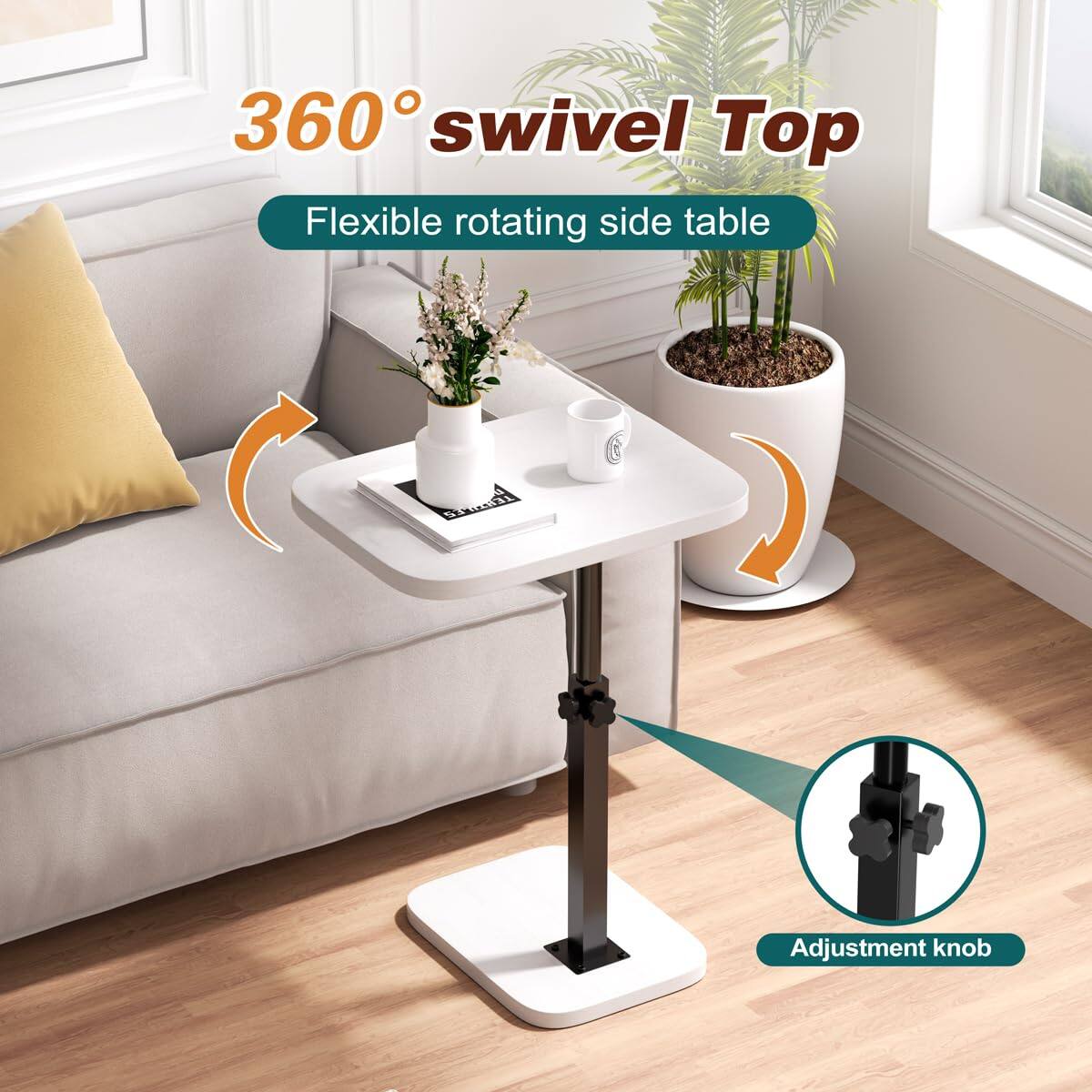 360° swivel Top  
Flexible rotating side table  
Adjustment knob