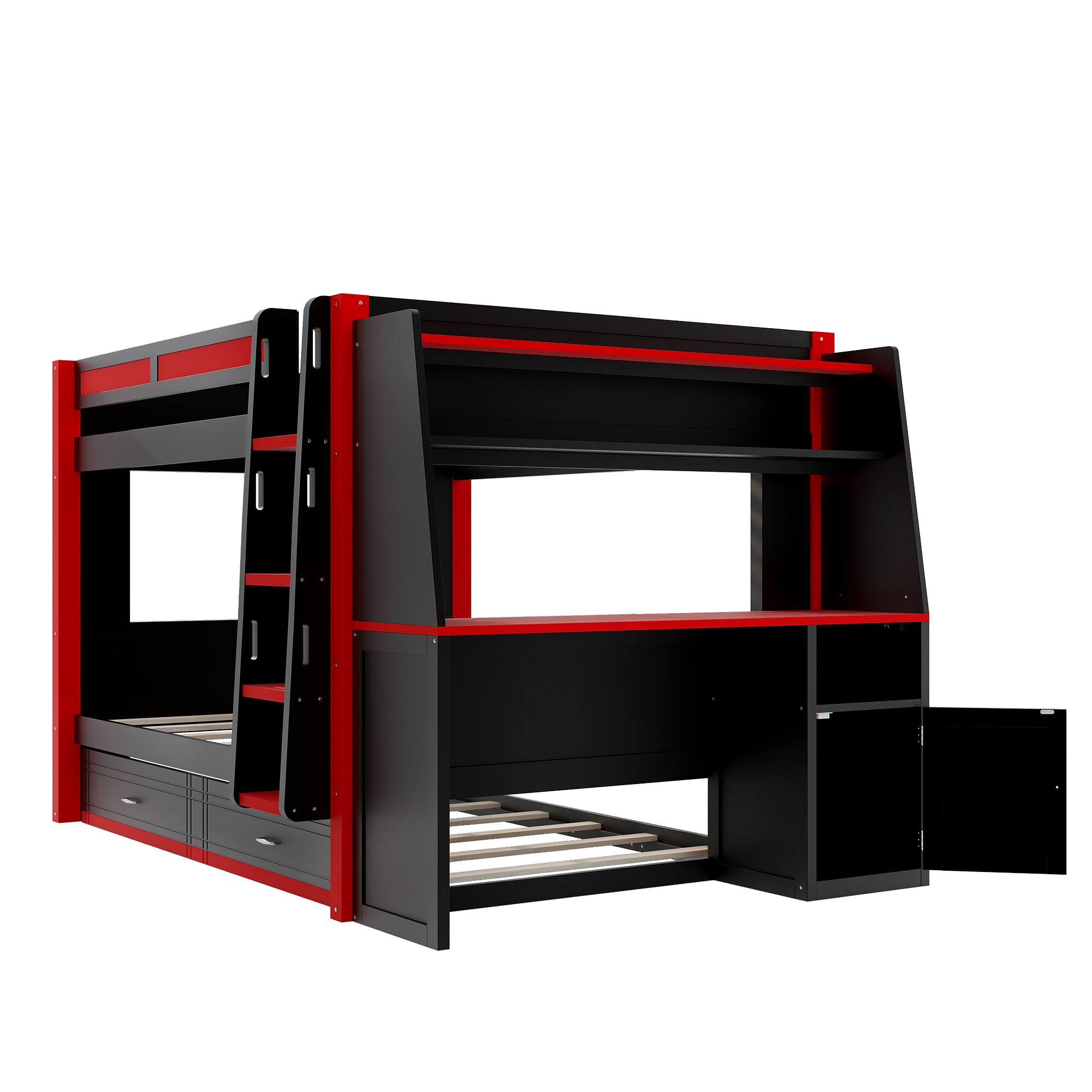 Alt View 2. Whisen - Full Size Multifunctional Bunk Bed with Trundle,LED Lights,Desk and Bookshelves-Red+Black - Black.