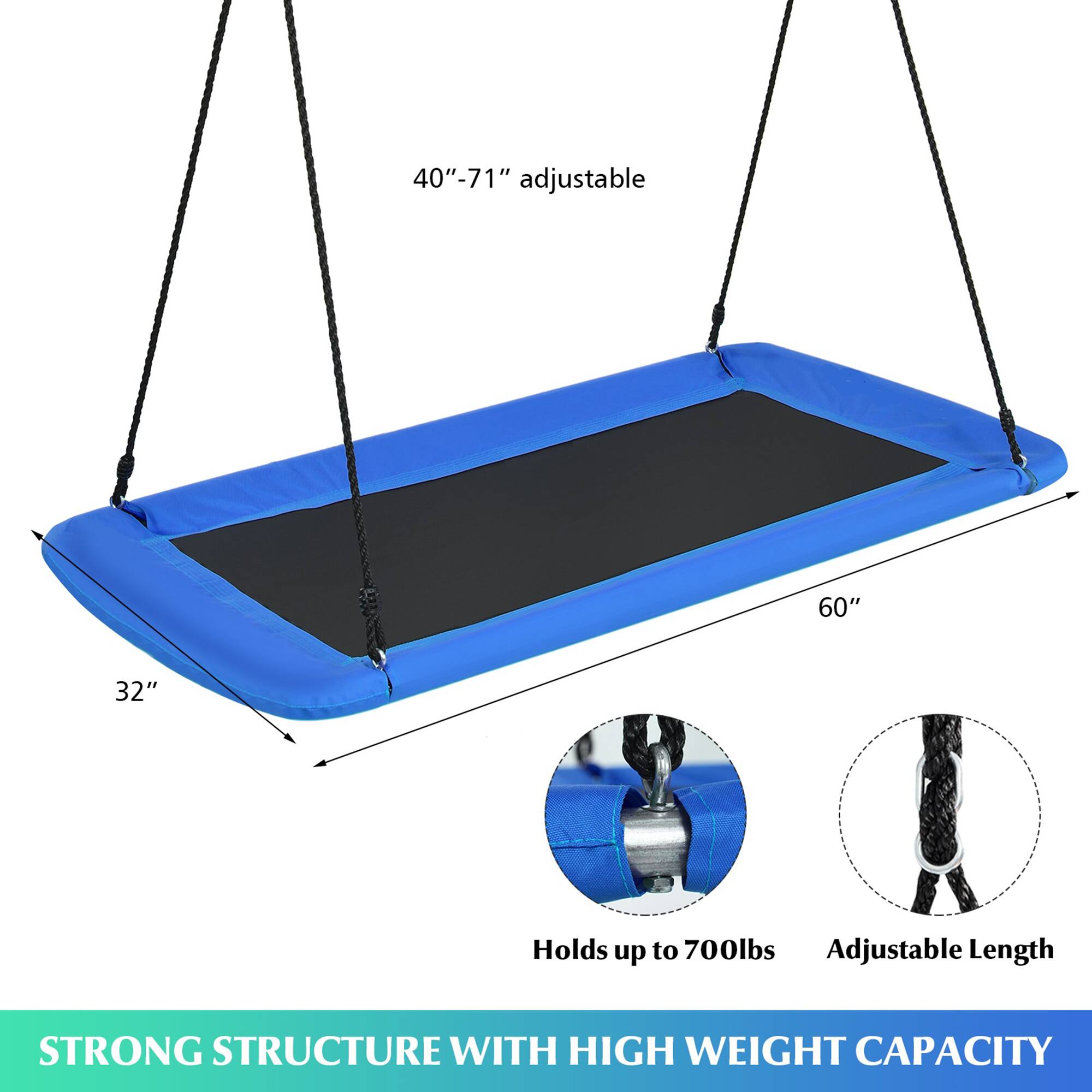 40"-71" adjustable  
60"  
32"  
Holds up to 700lbs  
Adjustable Length  
STRONG STRUCTURE WITH HIGH WEIGHT CAPACITY