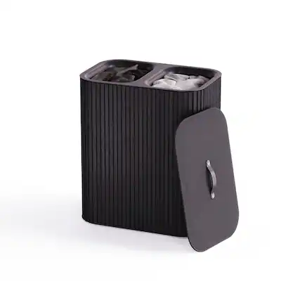 Front. Joseph Joseph - Tota Luxe 90-liter Bamboo Laundry Separation Hamper - Black.