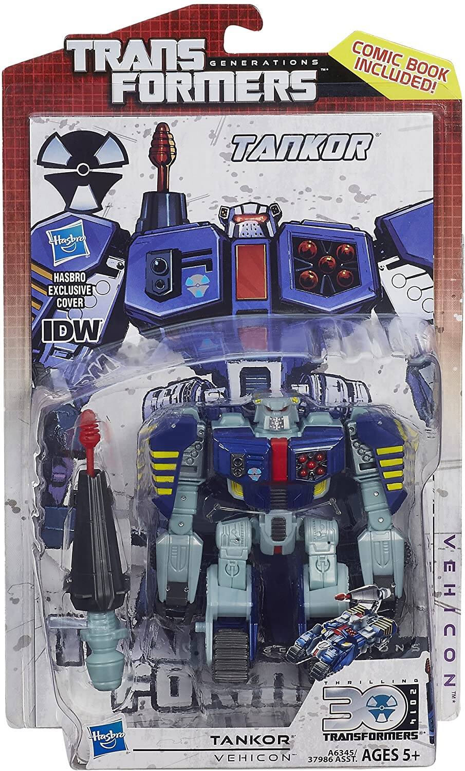 TRANSFORMERS GENERATIONS  
TANKOR  
HASBRO EXCLUSIVE COVER  
IDW  
COMIC BOOK INCLUDED!  
VEHICON  
THRILLING 30  
TRANSFORMERS  
AGES 5+  
A6345/37986 ASST.