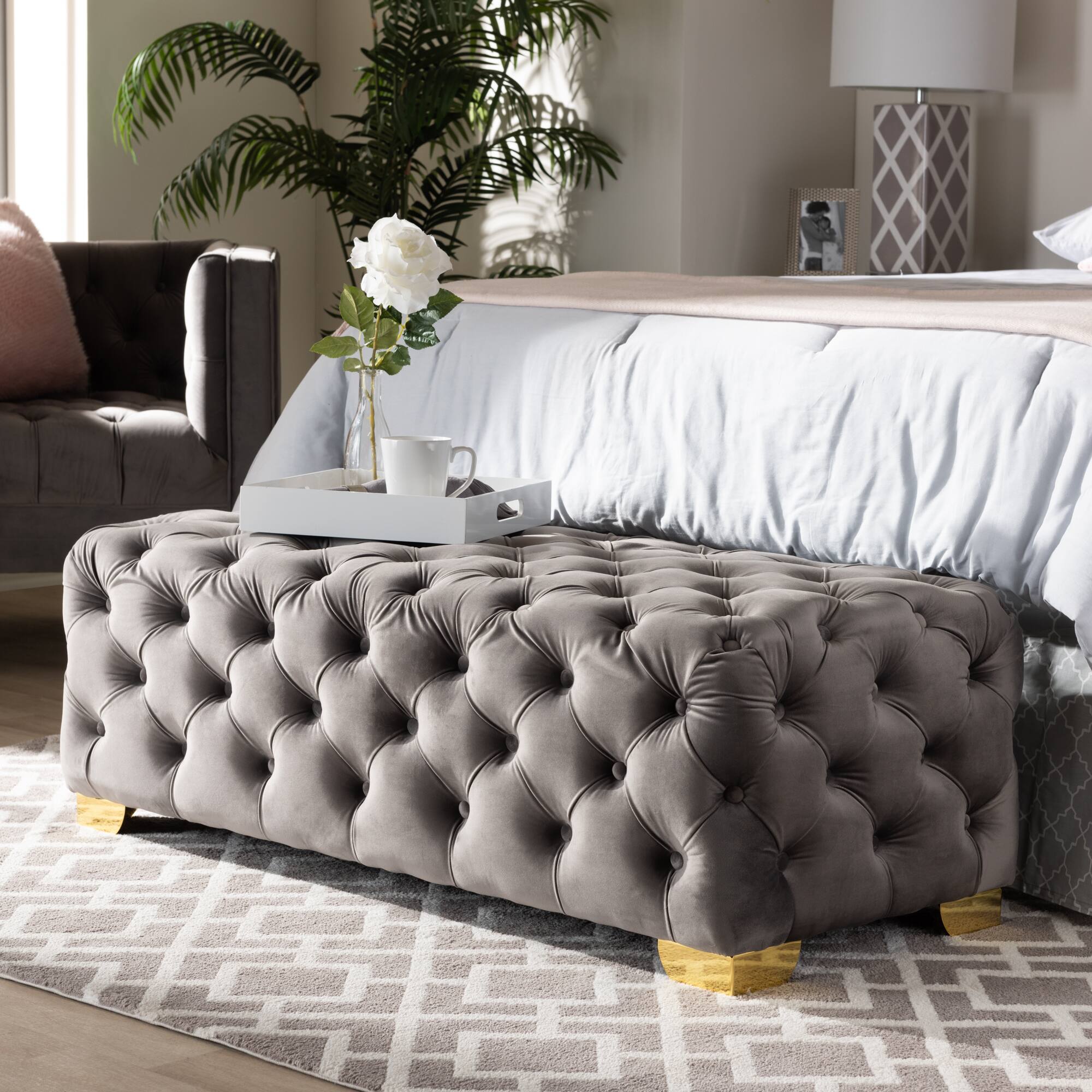 Alt View 2. Baxton Studio - Avara Glam and Luxe Velvet Fabric Upholstered Gold Finished Button Tufted Bench Ottoman - Gray/Gold.