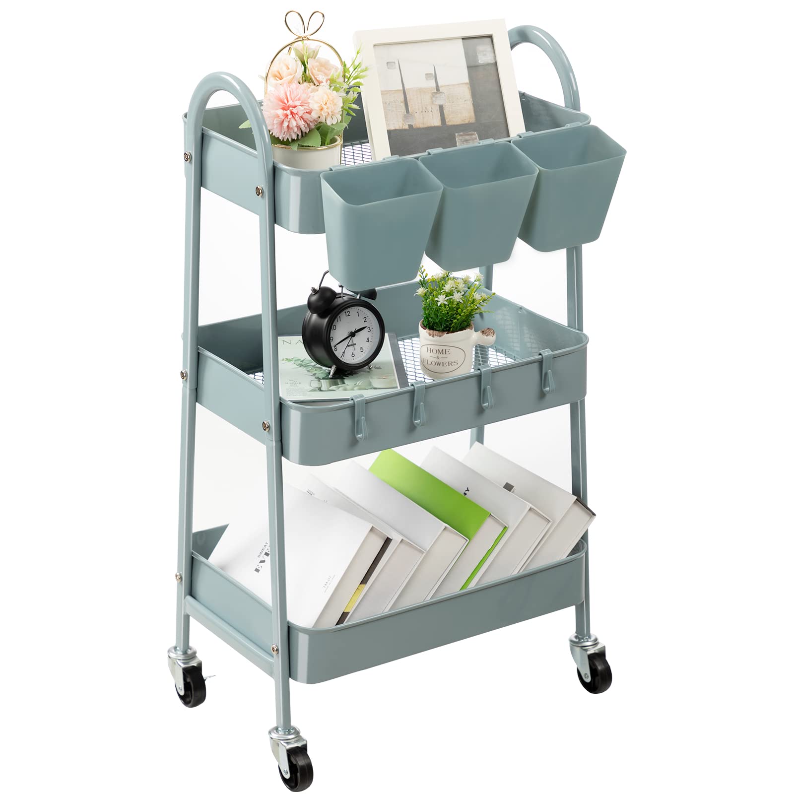 Front. JETRANSPORT - 3-tier Rolling Cart Utility Mobile Metal Storage With Lockable Wheels & Hanging Cups Hooks For Kitchen - Gray Blue Normal.