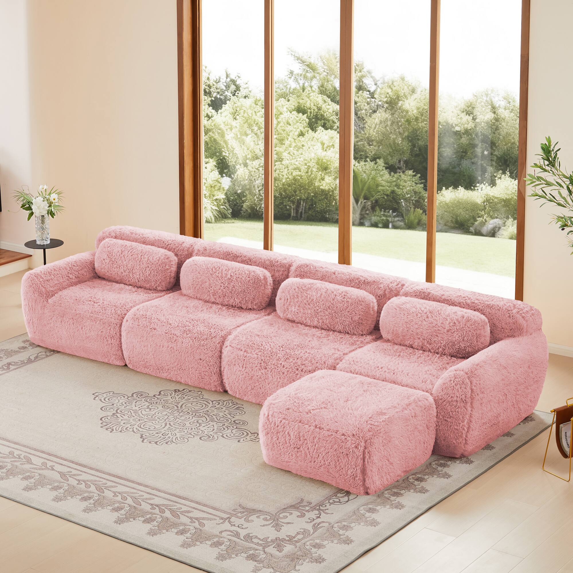 Angle. Aukfa - L-Shaped Soft Plush Modular Sectional Sofa - 32D High Density Sponge with Buckle Connection, No Assembly Required - Pink.