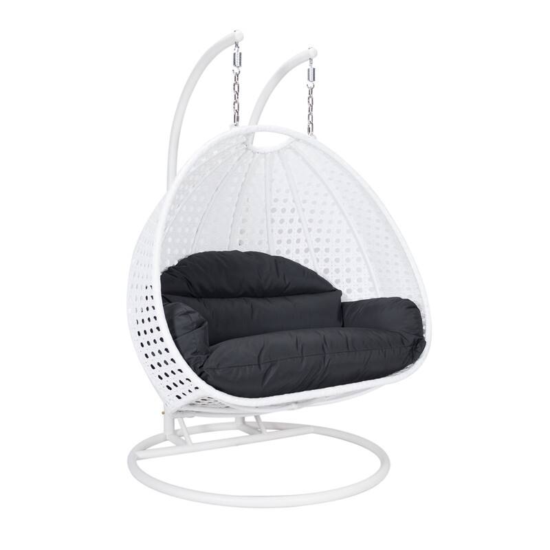 Alt View 1. LeisureMod - Leisuremod Modern 2-Person Outdoor Egg Swing White Wicker Chair with Stand, Plush Washable Cushions & Waterproof Cover - Black.