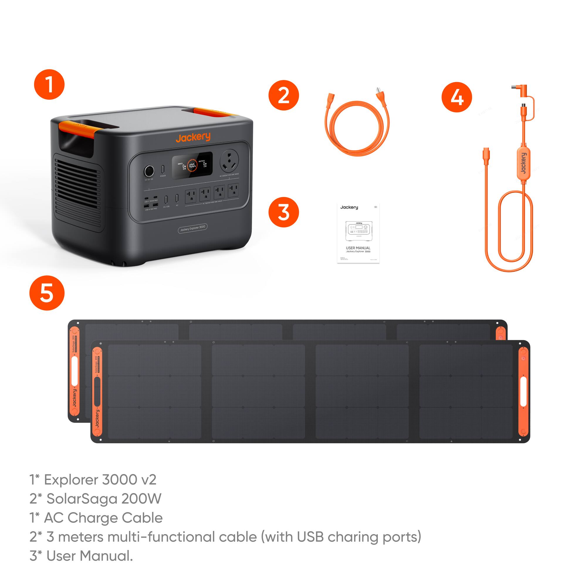 1* Explorer 3000 v2  
2* SolarSaga 200W  
1* AC Charge Cable  
2* 3 meters multi-functional cable (with USB charging ports)  
3* User Manual.