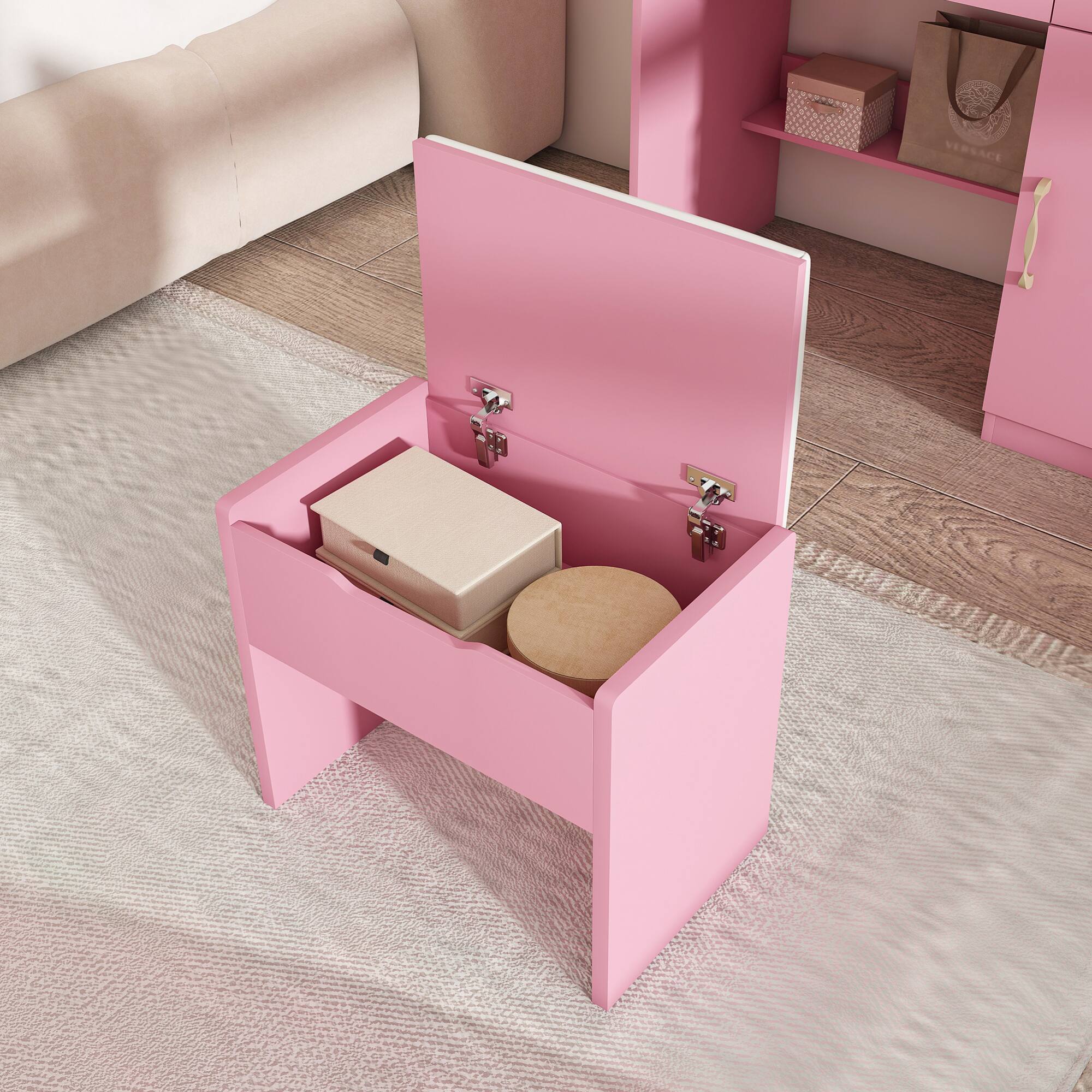 Alt View 1. GOODSILO - Elegant Vanity Desk with LED Mirror Lights, Power Outlet Charging Station, and Storage Stool - Pink.