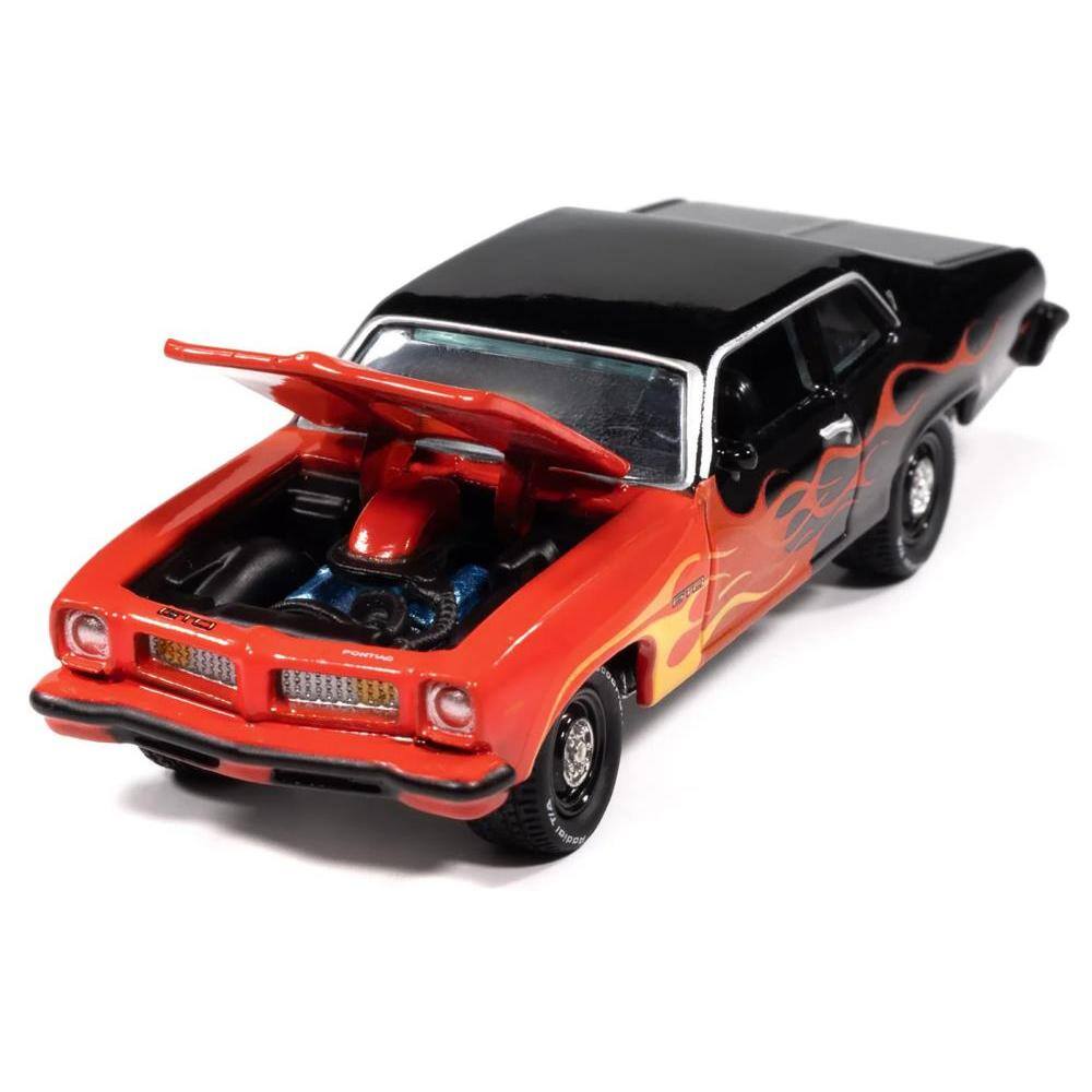 Left. Johnny Lightning - 1974 Pontiac GTO Black and Red with Flame Graphics "Black with Flames" Series 1/64 Diecast Model Car by Johnny Lightning - Black and Red with Flame.