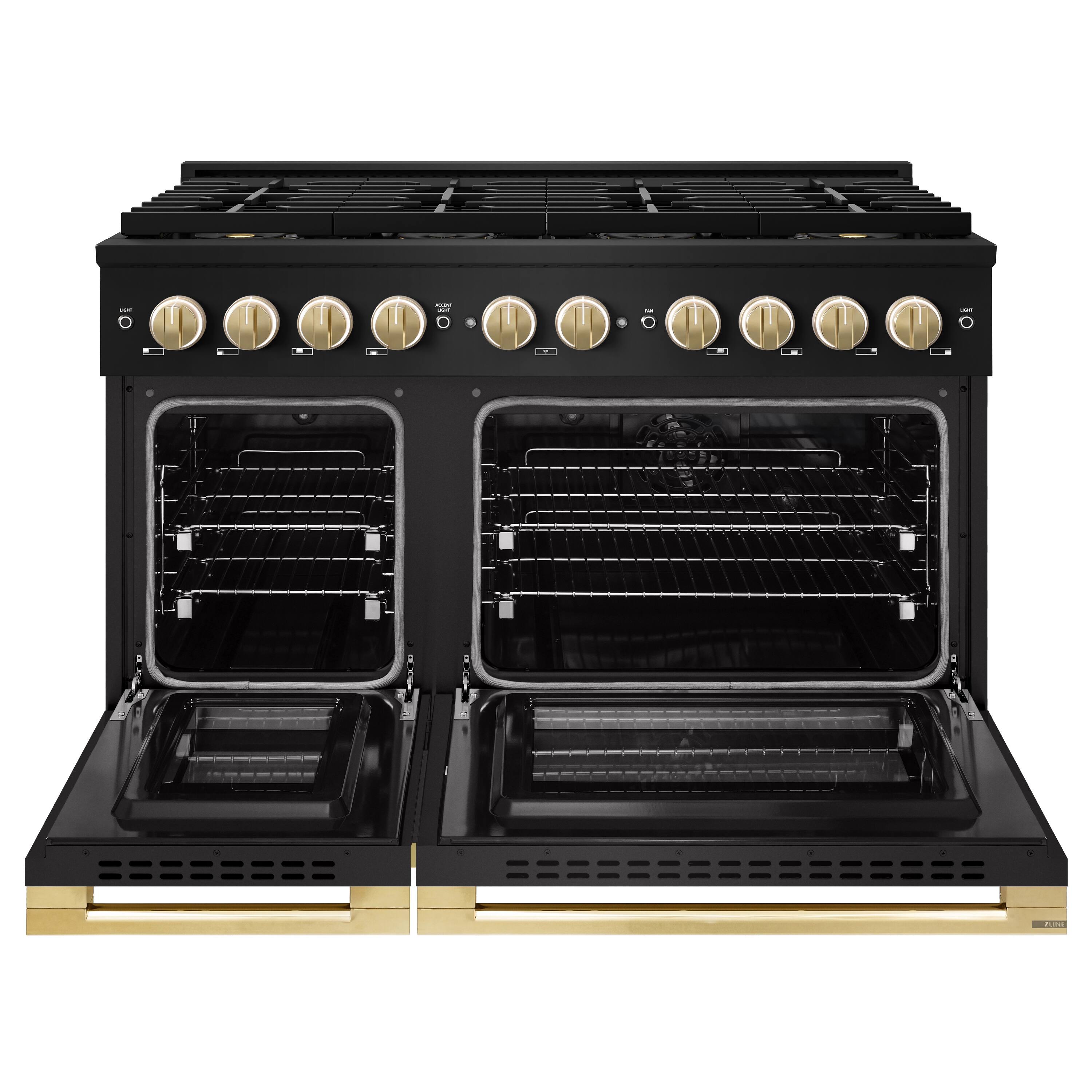 Angle. ZLINE - Autograph 48 in. 6.7 cu. ft. Marino Freestanding Black Stainless Dual Fuel Range w/ 8 DuoPro Burners & Gold Accents - Black Stainless Steel.
