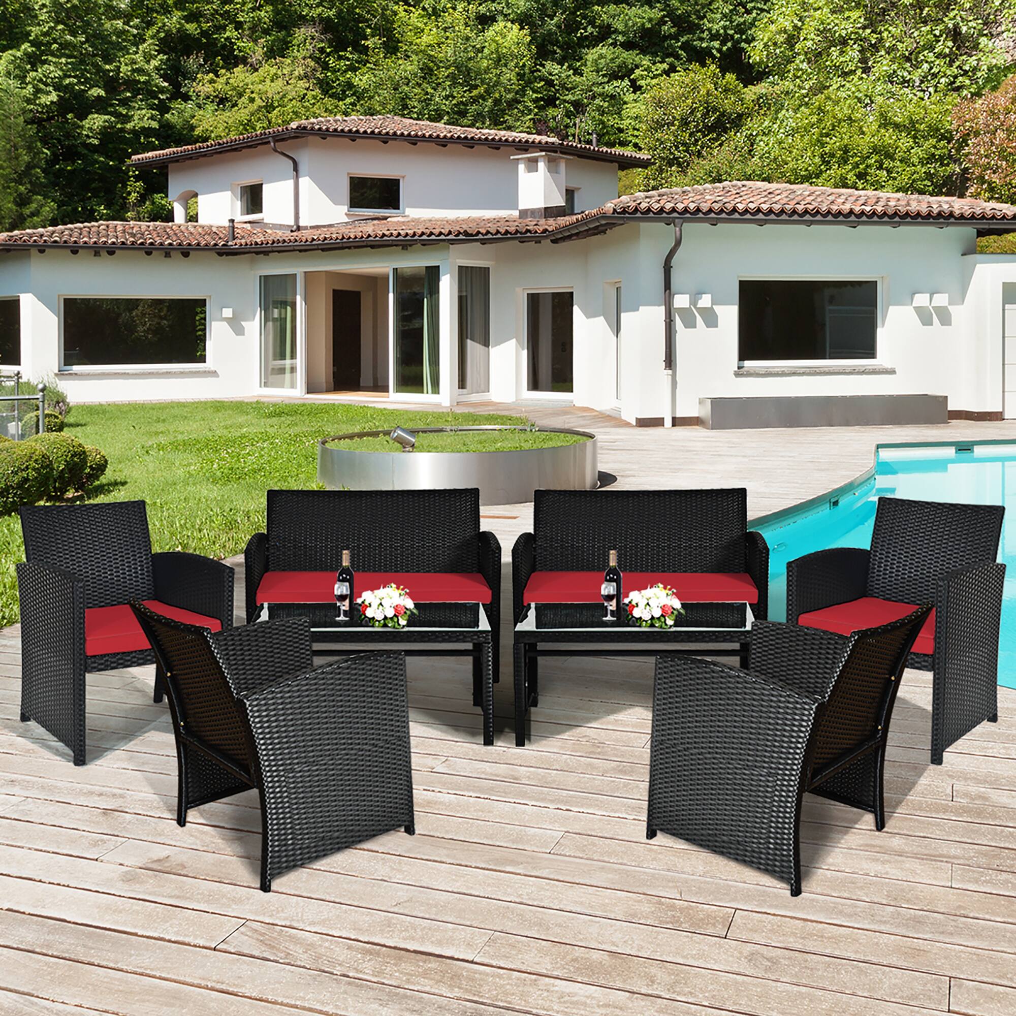 Alt View 1. Costway - Costway 8PCS Patio Rattan Furniture Conversation Set Cushion Sofa Table Garden - Red.