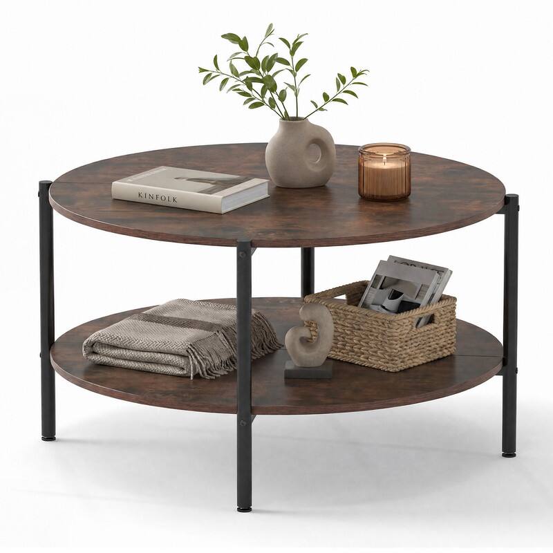 Alt View 4. WELLFOR - 2-Tier Industrial Coffee Table with Storage Shelf, Round Accent Table Center Table - Rustic Brown.