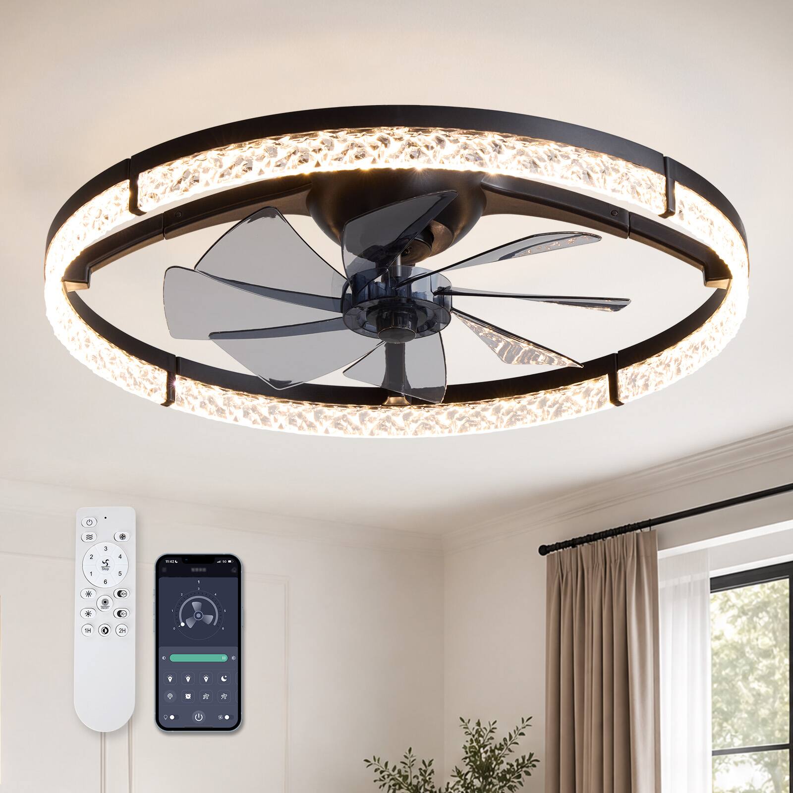 Angle. Siljoy - 24 Inch Black Crystal Diamond Ring Flush Mount Ceiling Fan Light with Remote, Silent for Bedroom Living Room - Black.