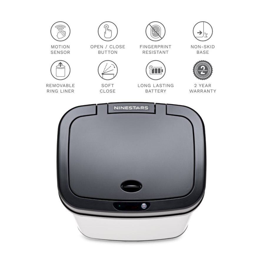 - Motion Sensor
- Open / Close Button
- Fingerprint Resistant
- Non-Skid Base
- Removable Ring Liner
- Soft Close
- Long Lasting Battery
- 2 Year Warranty