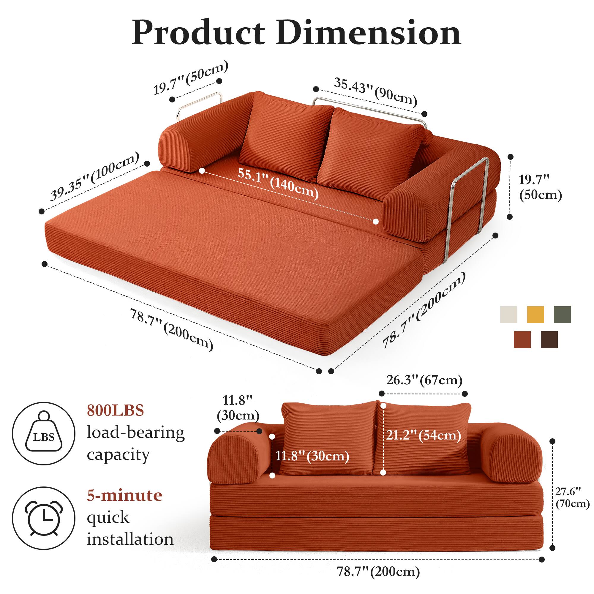 Product Dimension

- 19.7" (50cm)
- 35.43" (90cm)
- 39.35" (100cm)
- 55.1" (140cm)
- 78.7" (200cm)
- 26.3" (67cm)
- 21.2" (54cm)
- 11.8" (30cm)
- 27.6" (70cm)

800LBS load-bearing capacity

5-minute quick installation