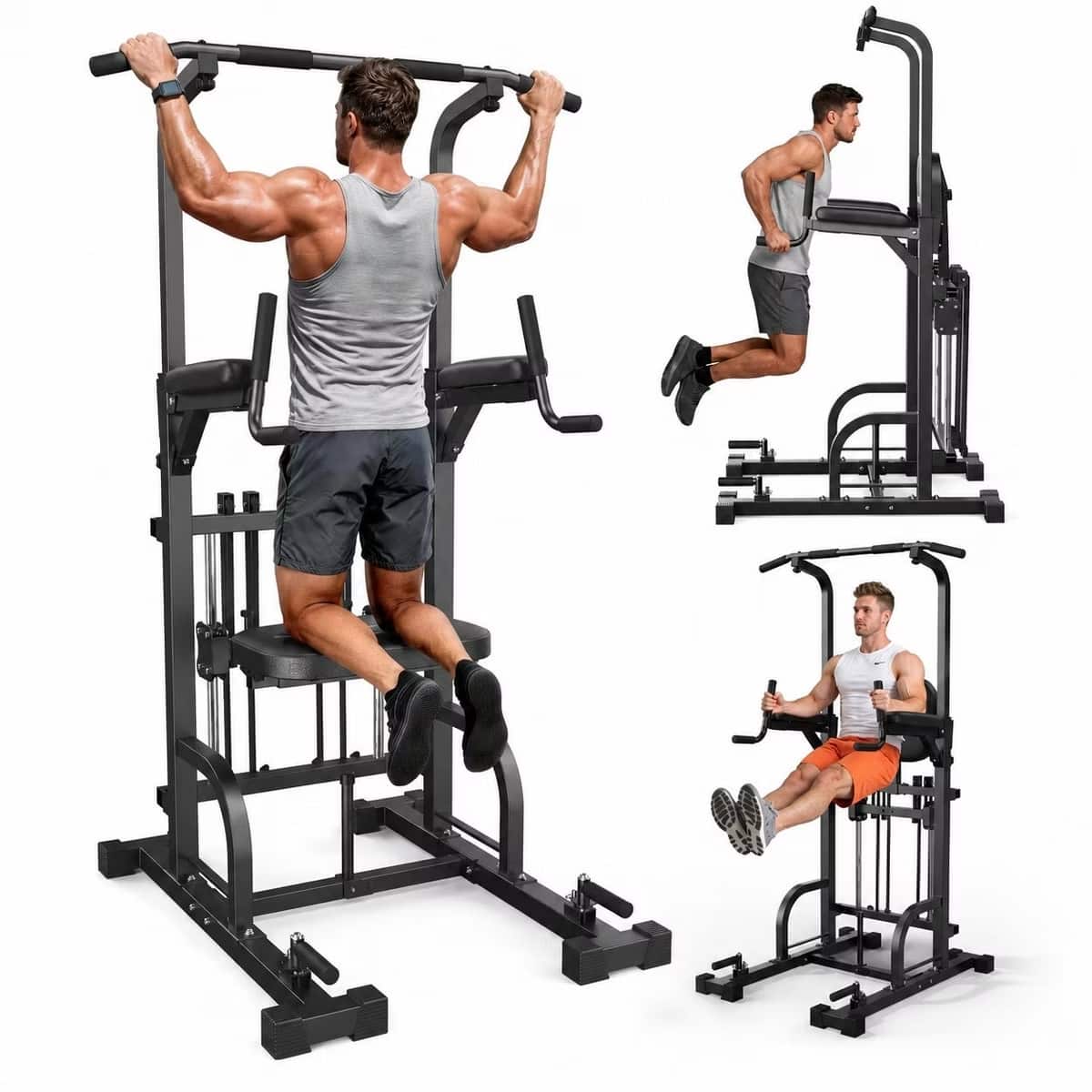 Sportsroyals - PT4 Power Tower Pull Up Bar Station with Assisted Pad, 450LBS Stable Pull Up Dip Station for Home Gym - Black
