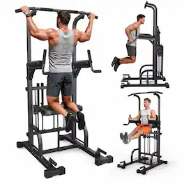 Sportsroyals - PT4 Power Tower Pull Up Bar Station with Assisted Pad, 450LBS Stable Pull Up Dip Station for Home Gym - Black