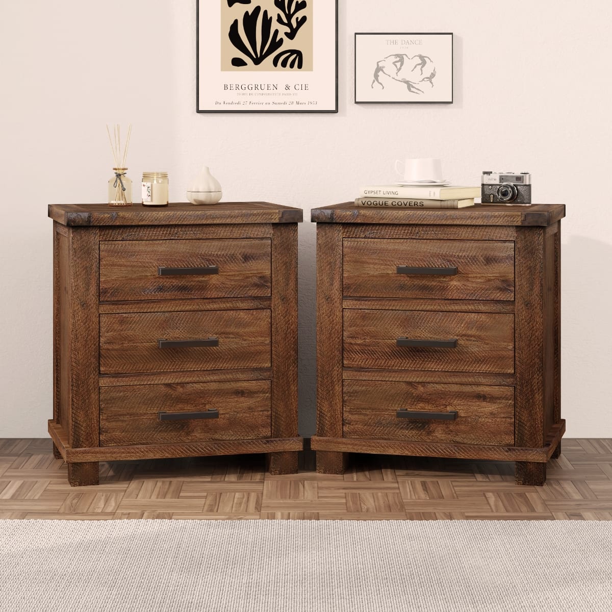 Loheer - Set of Two Reclaimed Pine Nightstands, Three Drawer Farmhouse Bedside Tables - Natural