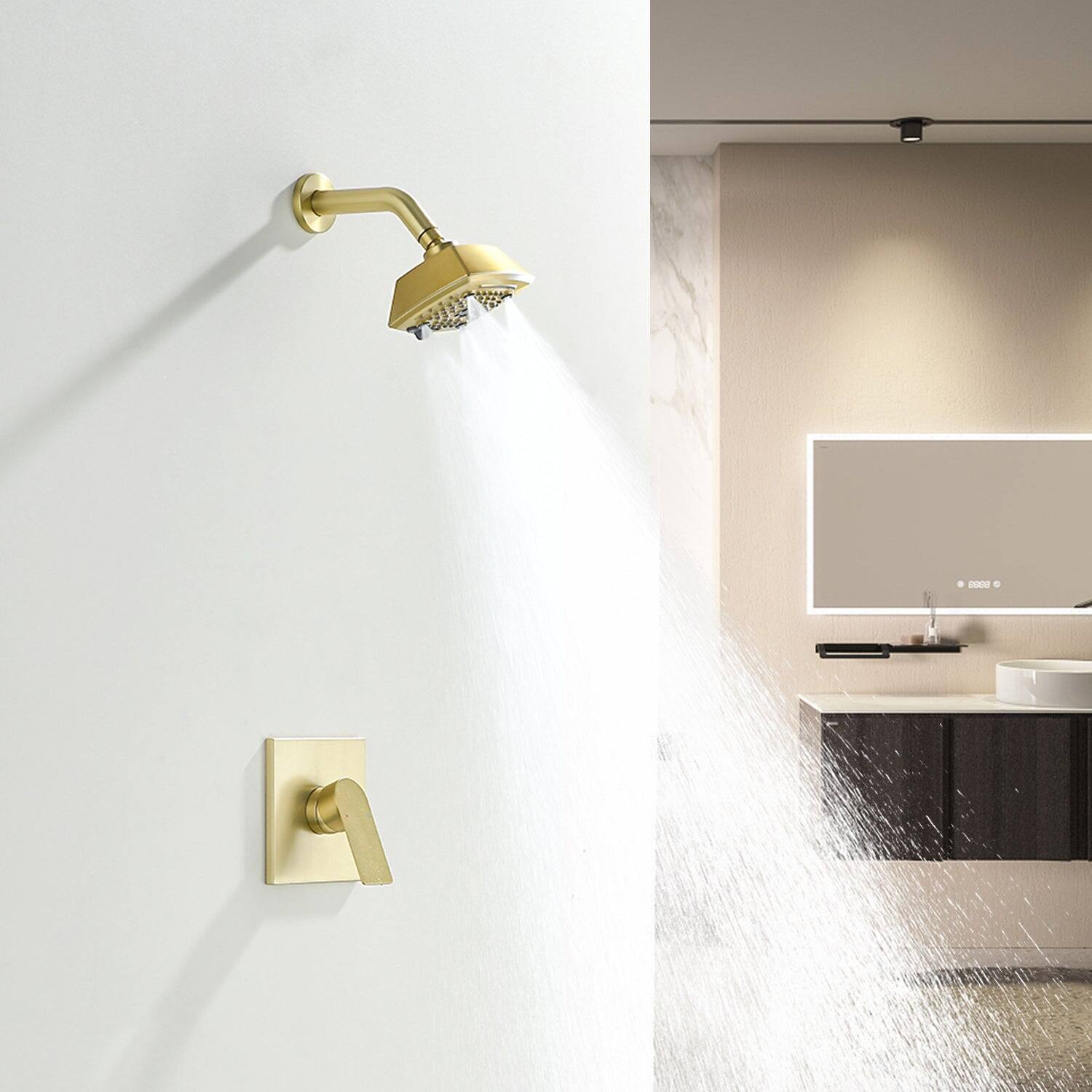 Alt View 4. Boyel Living - Brushed Gold Brass Shower Set 5-Function ABS Top Spray Pressure Balance Valve 1/2NPT Thread Fingerprint-Free - Brushed Gold.