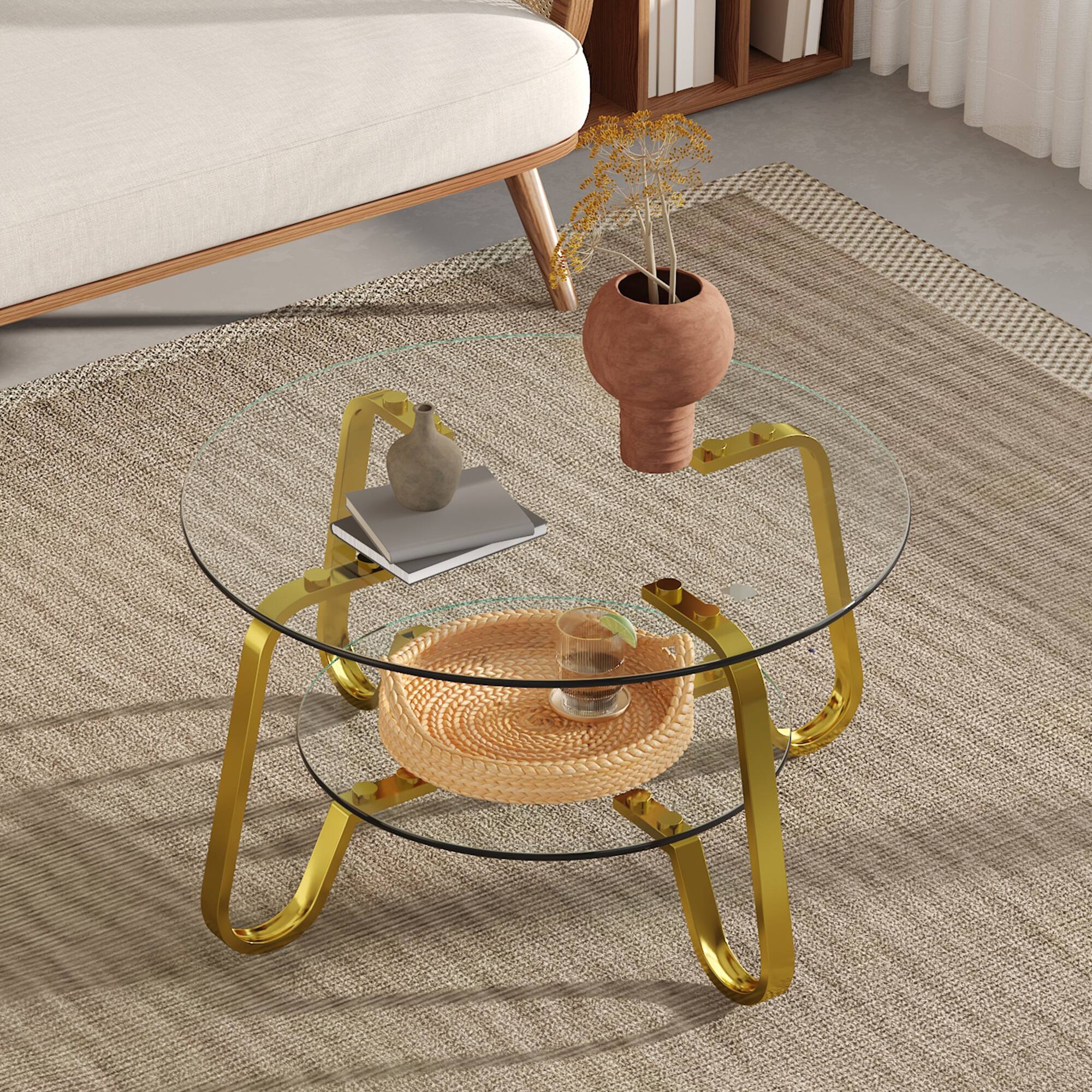 Angle. Loheer - Loheer- Tempered Glass Coffee Table Double Tier Metal Frame Center Table for Living Room 2.6x2.6x1.5 ft - Gold.