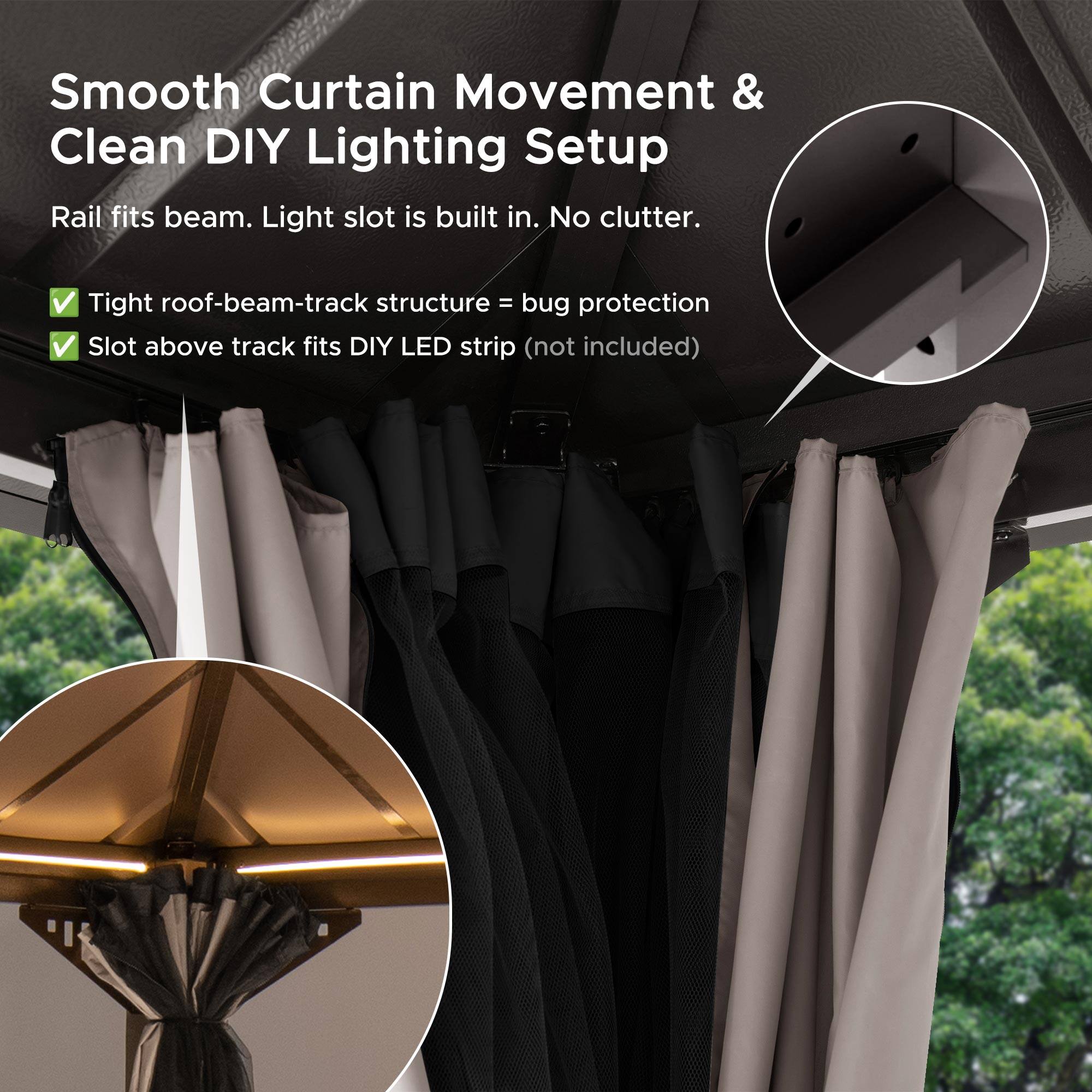 Smooth Curtain Movement & Clean DIY Lighting Setup  
Rail fits beam. Light slot is built in. No clutter.  
Tight roof-beam-track structure = bug protection  
Slot above track fits DIY LED strip (not included)