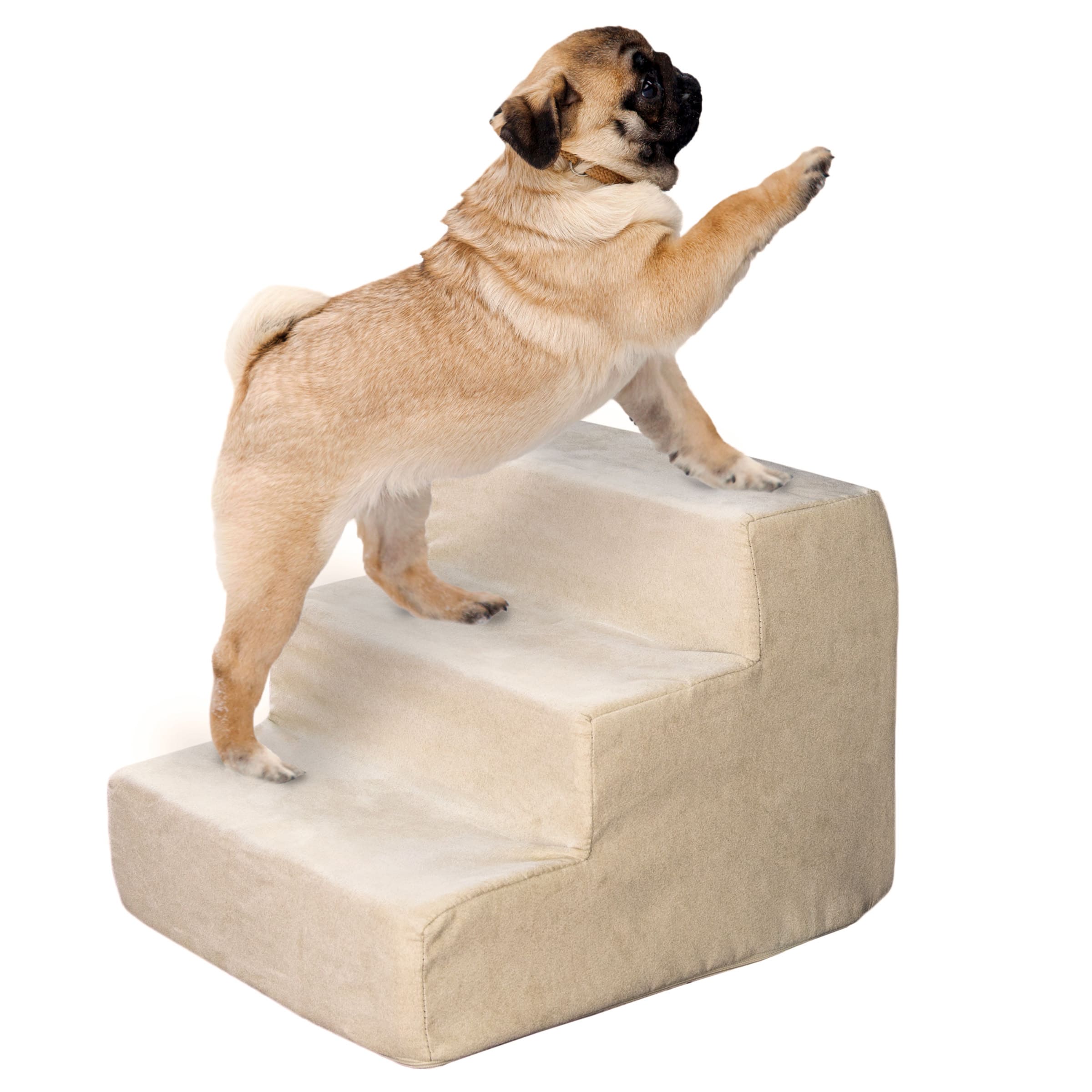 PetMaker - Dog Stairs for Small Dogs 3-Step Dog Steps for High Bed and Couch Pet Stairs with Nonslip Bottom, Foam, and Cover - Tan