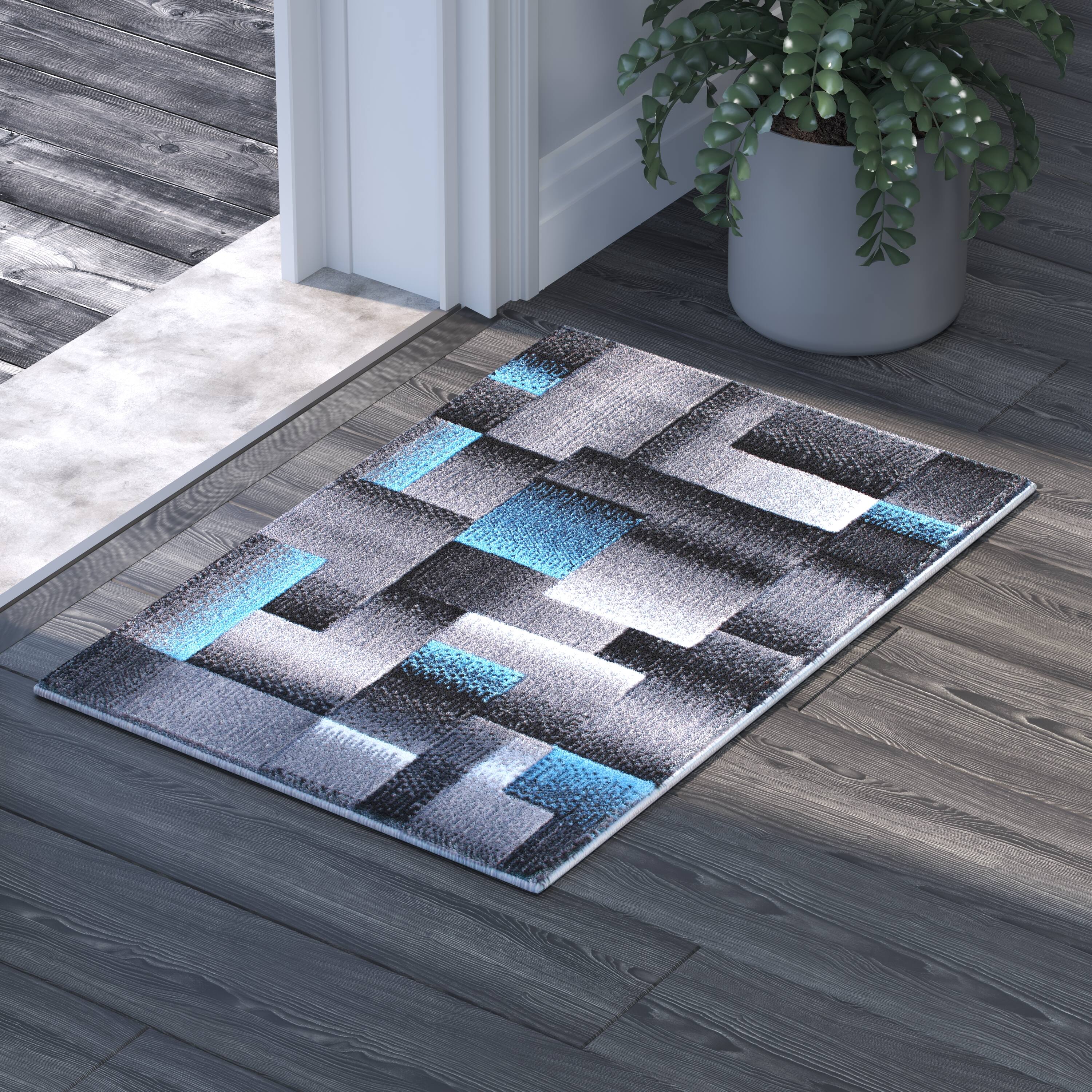 Emma + Oliver - Malaga Modern Cubist Olefin Accent Runner Rug in Gradient Shades with Natural Jute Backing - Blue