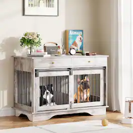 Acekool - 47" Dog Furniture Crate, Large Furniture Style Dog Crate with 2 Storage Drawers, Divider & Triple Doors, Grey