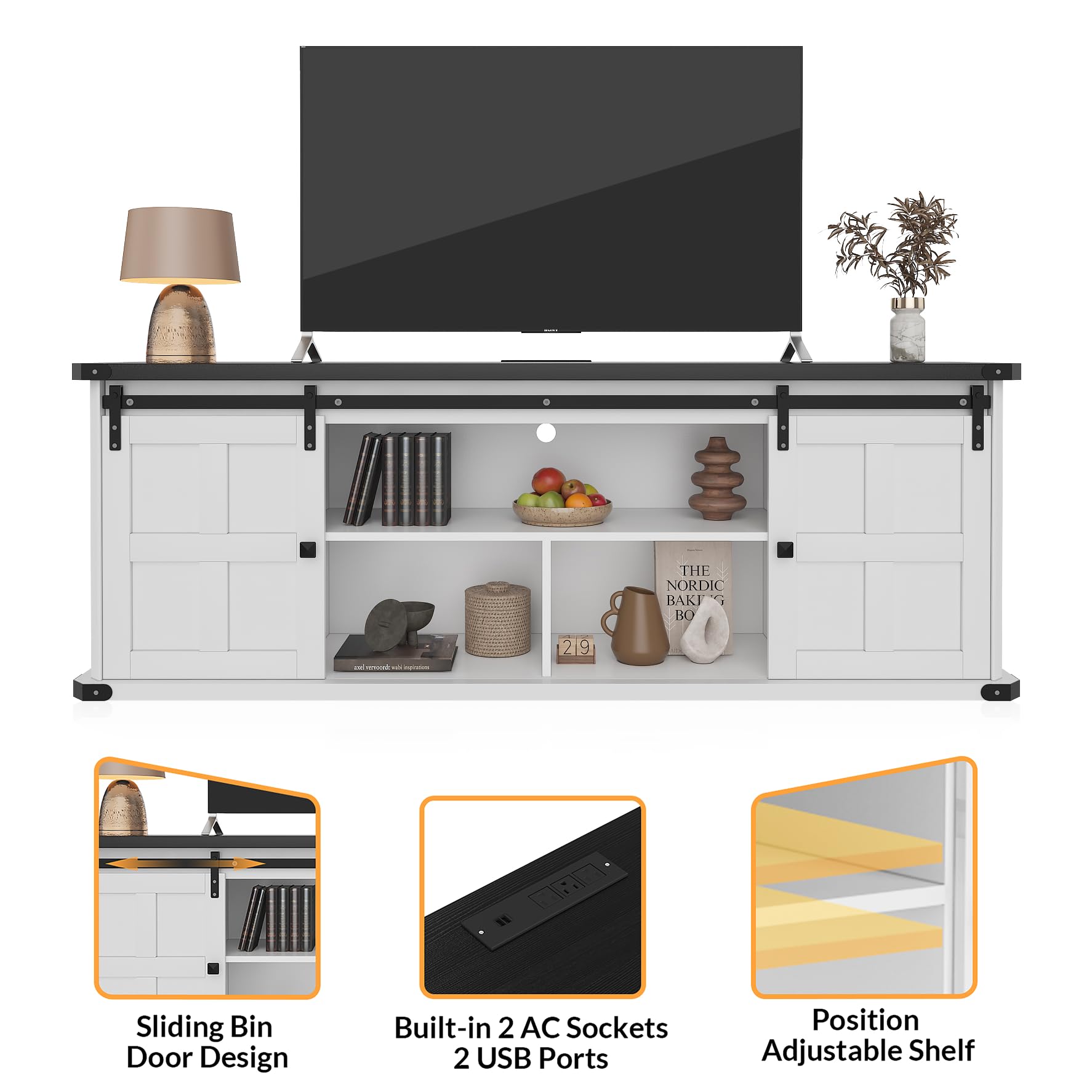 THE NORDIC BAKI BO  
- Sliding Bin Door Design  
- Built-in 2 AC Sockets  
- 2 USB Ports  
- Position Adjustable Shelf