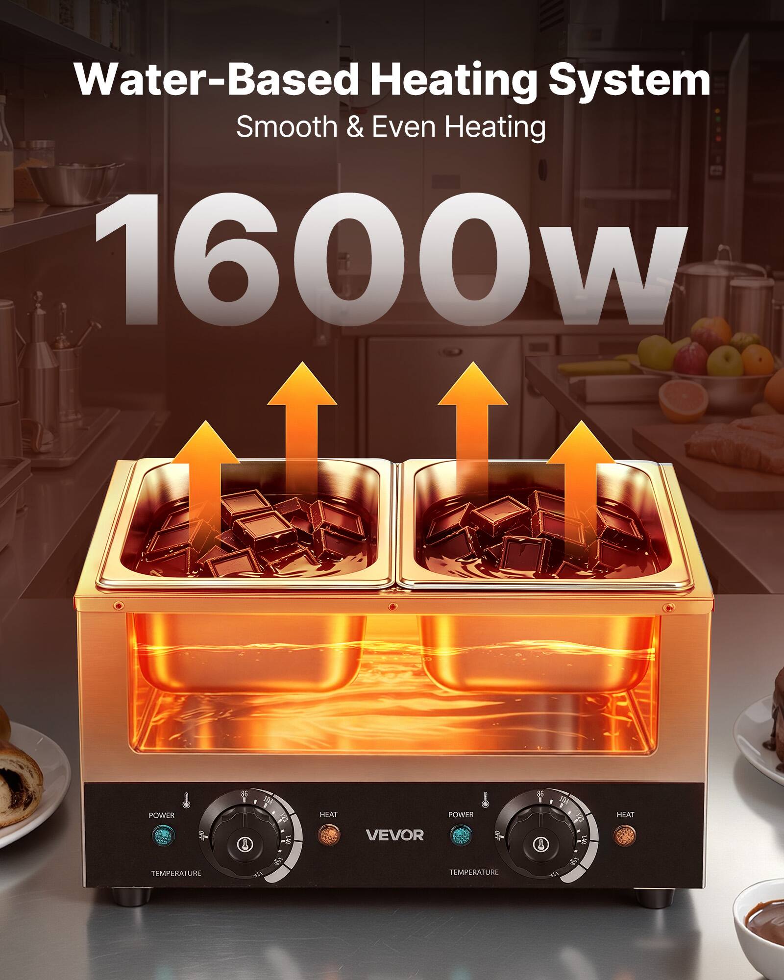 Water-Based Heating System  
Smooth & Even Heating  
1600W  

POWER  
HEAT  
POWER  
HEAT  

TEMPERATURE  
TEMPERATURE  

VEVOR