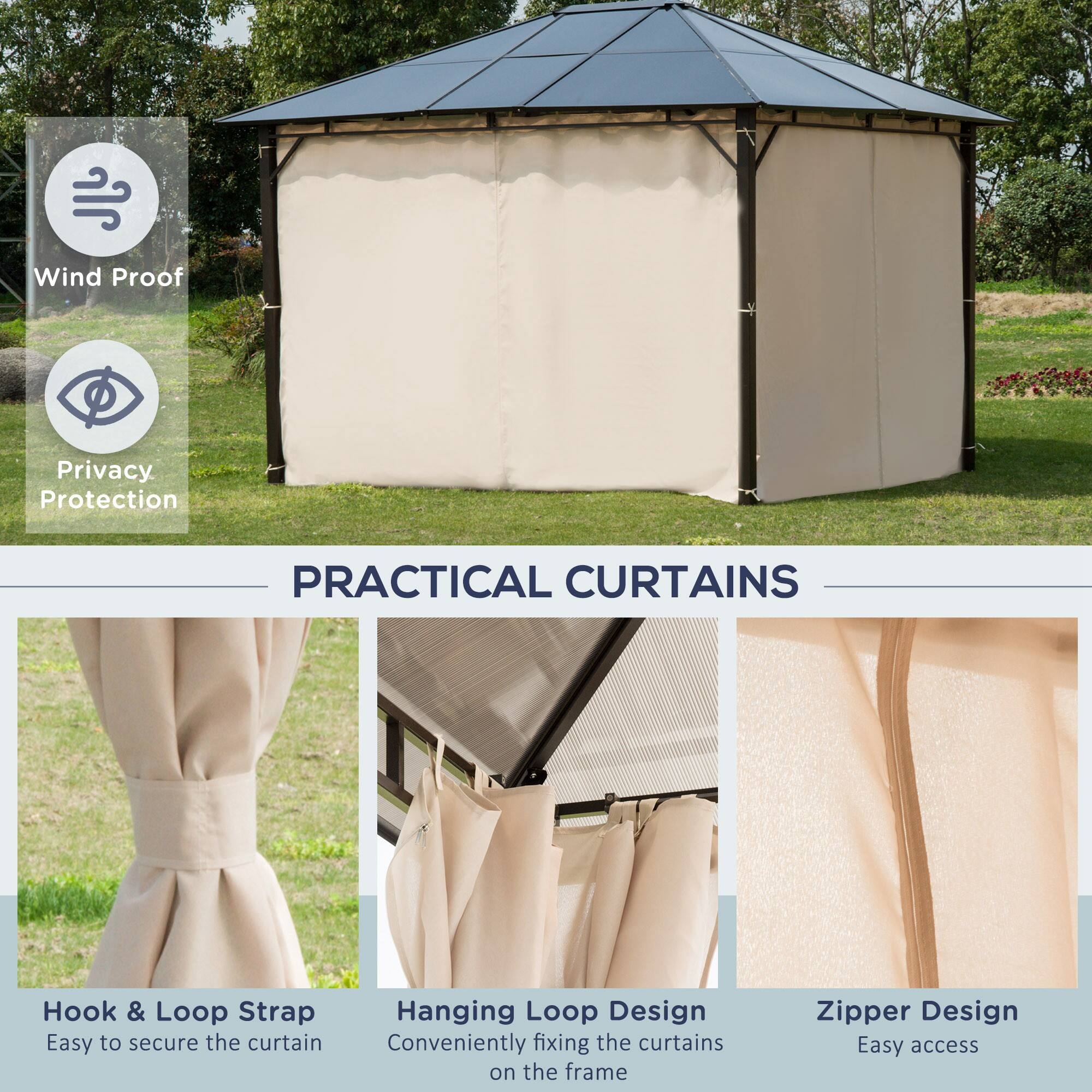**Wind Proof Privacy Protection**

**PRACTICAL CURTAINS**

- **Hook & Loop Strap**
  - Easy to secure the curtain

- **Hanging Loop Design**
  - Conveniently fixing the curtains on the frame

- **Zipper Design**
  - Easy access