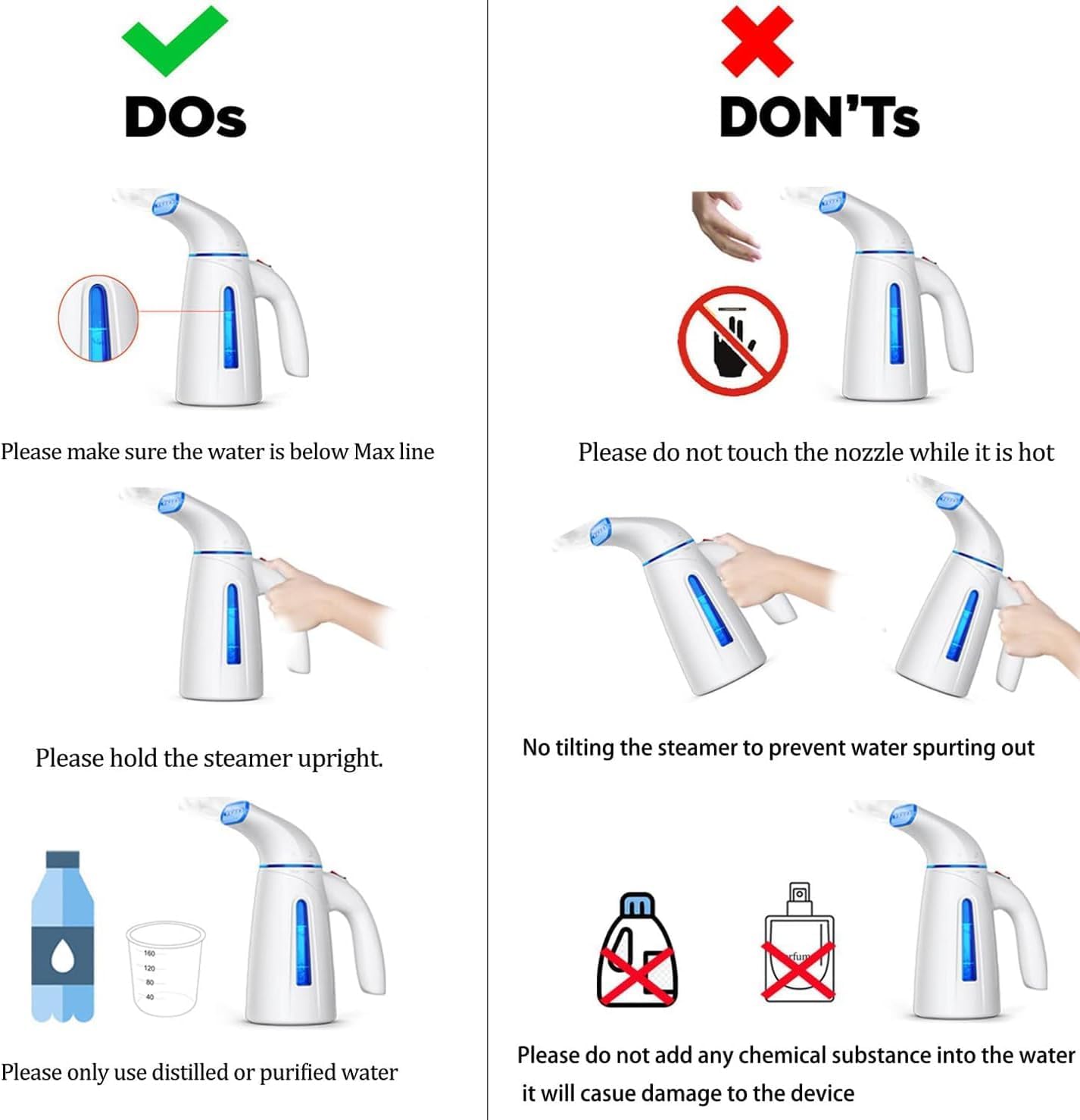 DOs

- Please make sure the water is below Max line
- Please hold the steamer upright.
- Please only use distilled or purified water

DON'Ts

- Please do not touch the nozzle while it is hot
- No tilting the steamer to prevent water spurting out
- Please do not add any chemical substance into the water, it will cause damage to the device