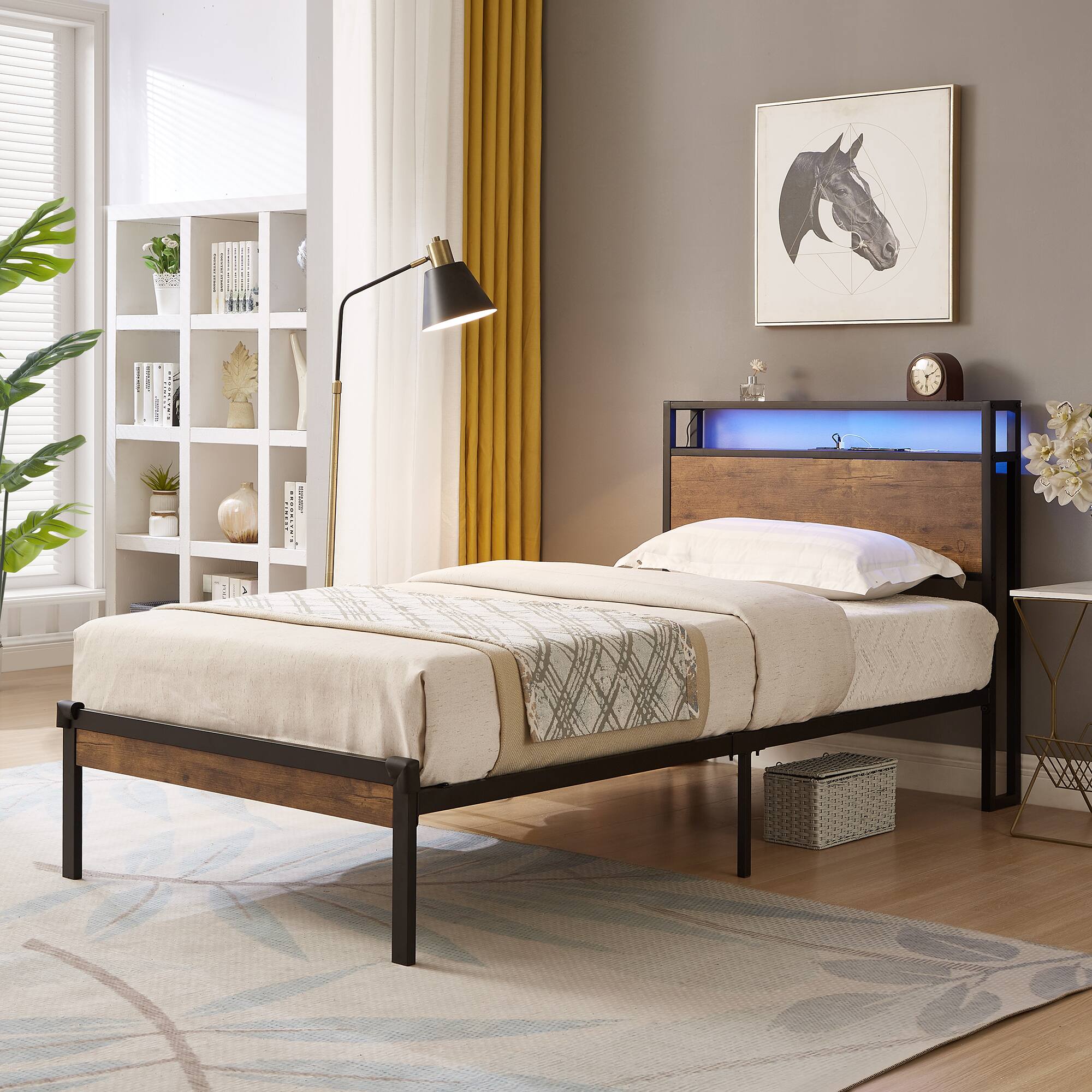 Left. LUCKY ONE - Twin Size Metal Platform Bed Frame with Wooden Headboard and Footboard,LED Lights - Black+Brown.