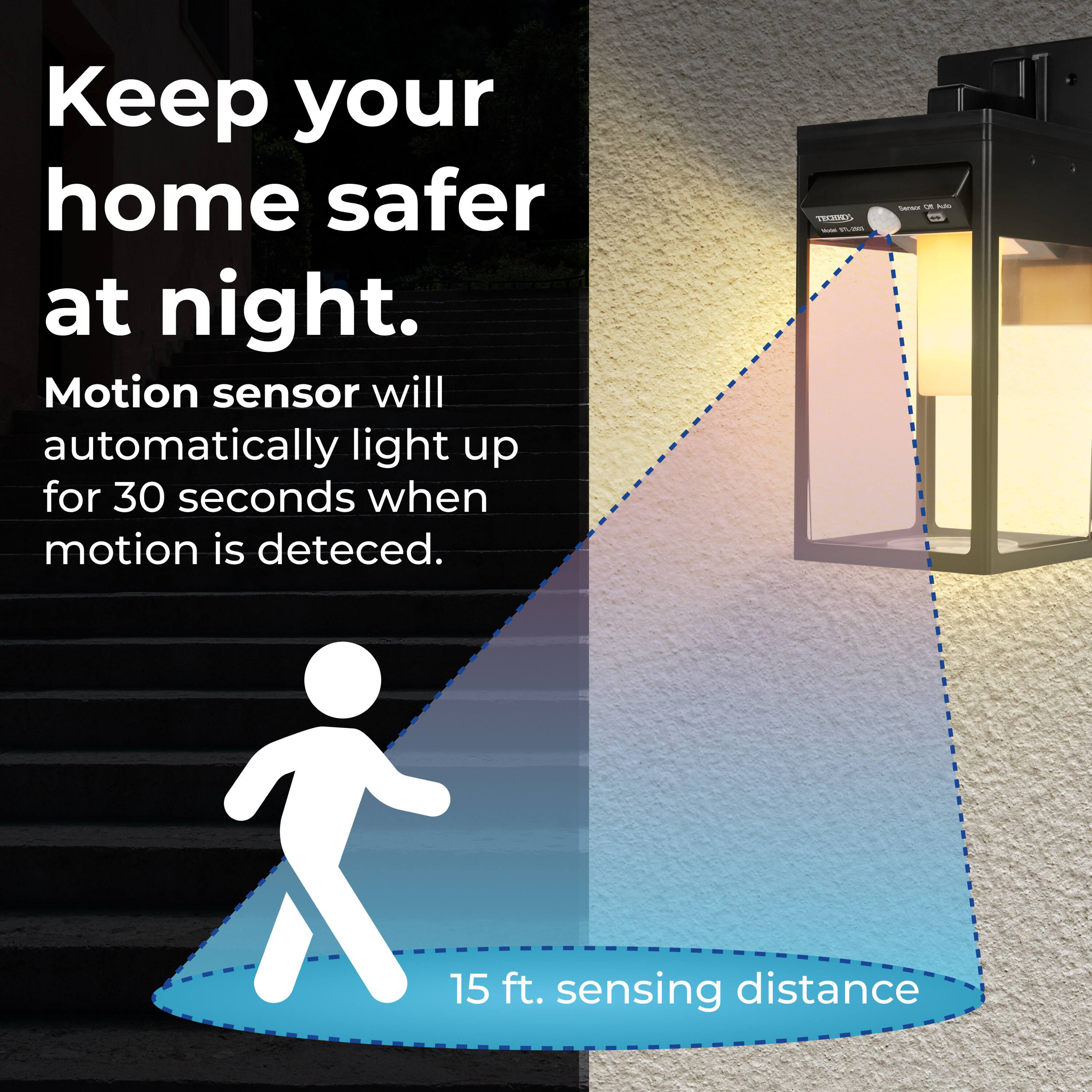 Keep your home safer at night. Motion sensor will automatically light up for 30 seconds when motion is detected. 15 ft. sensing distance.