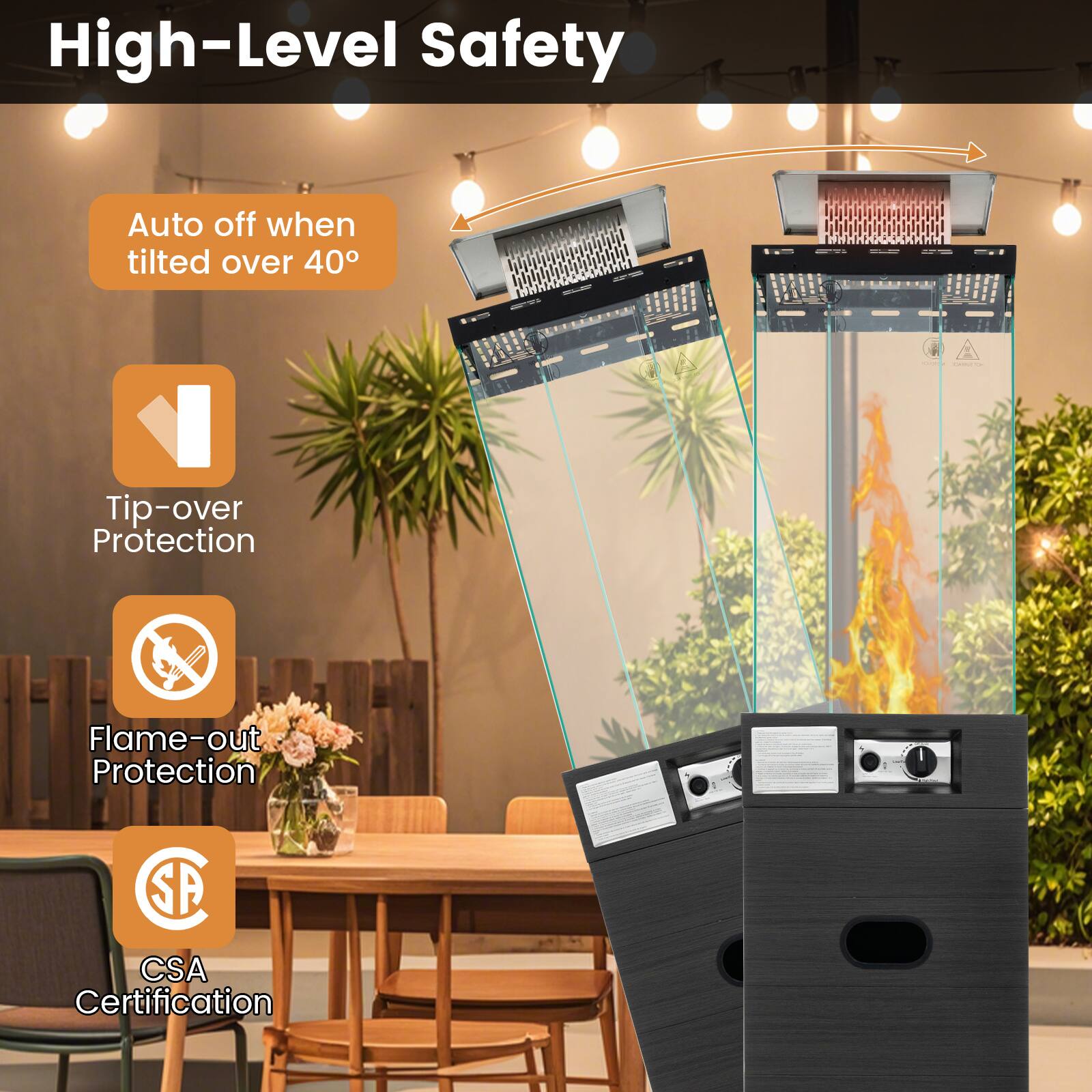 High-Level Safety
Auto off when tilted over 40°
Tip-over Protection
Flame-out Protection
CSA Certification